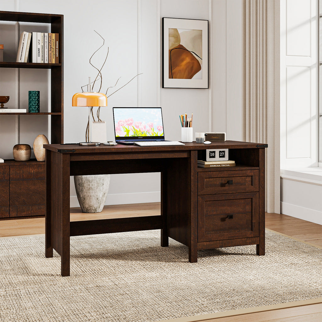 Goealvce 45"Executive Desk , Farmhouse Desk with Drawers & Cabinet, Small Office Computer Desk for Writing Reading, Walnut Brown