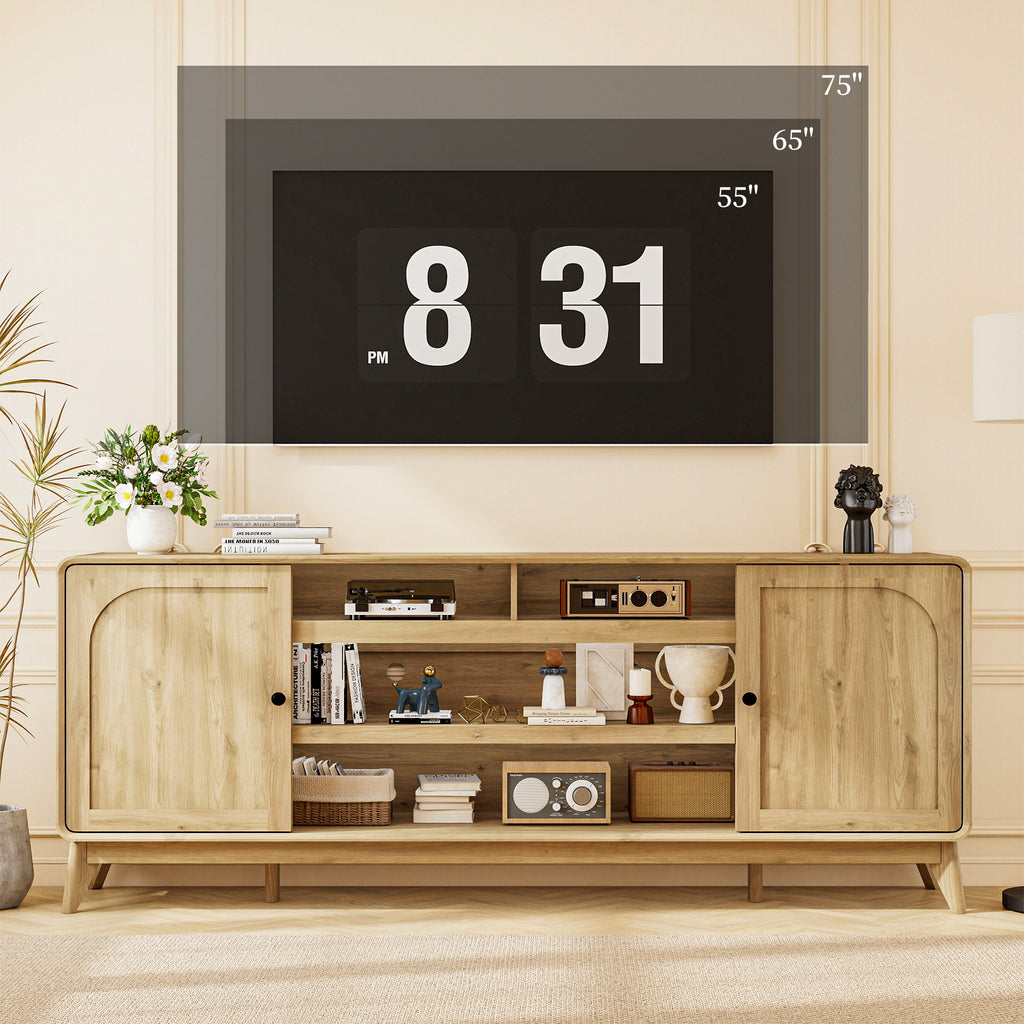 FIAKOA 70 inch Farmhouse TV Stand for 75 inch TV, Mid Century Entertainment Center with Movable Door & Fireplace Insert Ready, Modern Media Console Table for Living Room, Nature