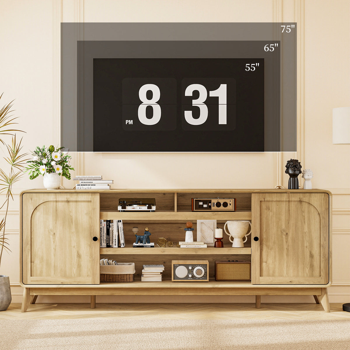 FIAKOA 70 inch Farmhouse TV Stand for 75 inch TV, Mid Century Entertainment Center with Movable Door & Fireplace Insert Ready, Modern Media Console Table for Living Room, Nature