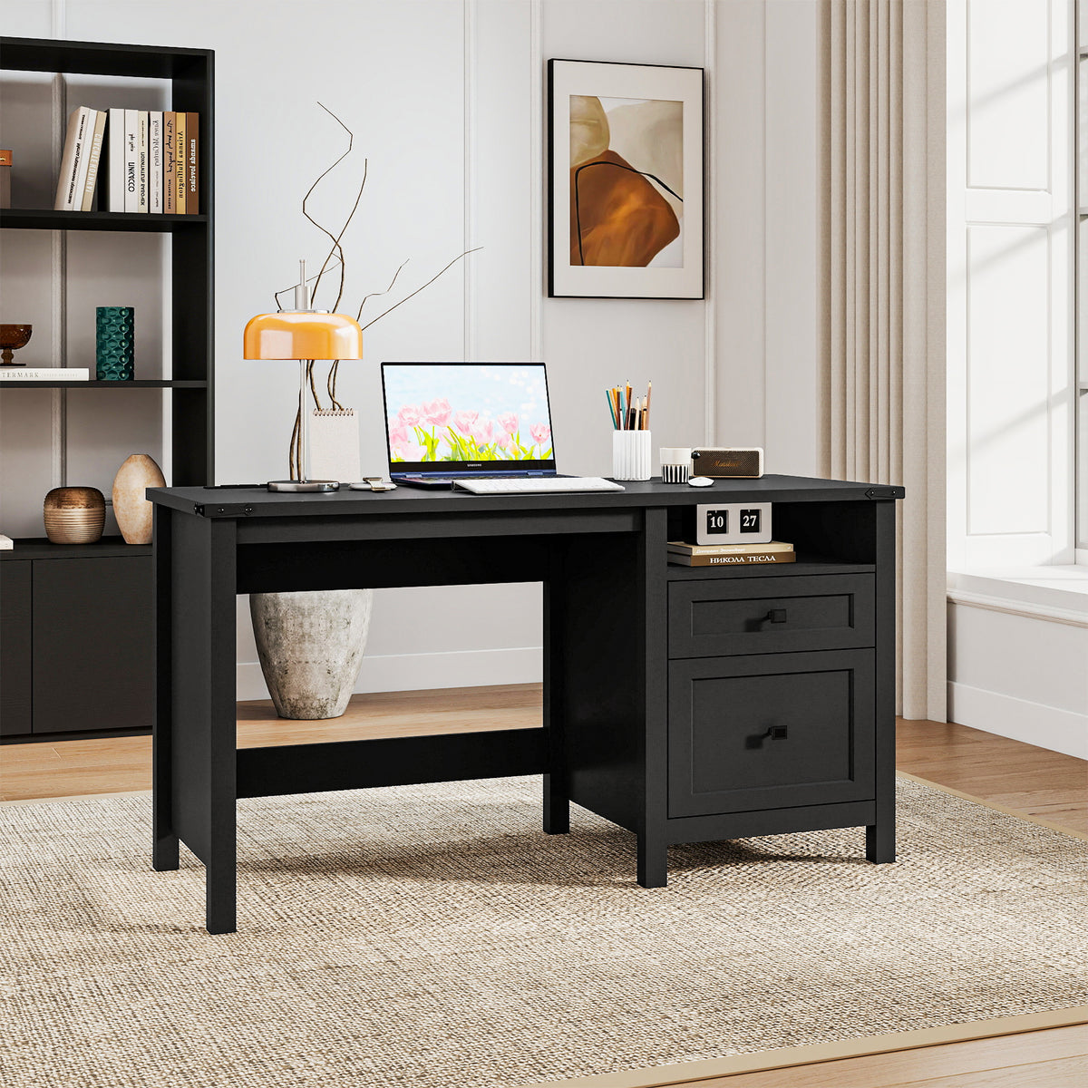 Goealvce 45"Executive Desk , Farmhouse Office Desk with Drawers & Cabinet, Small Office Computer Desk for Writing Reading, Black