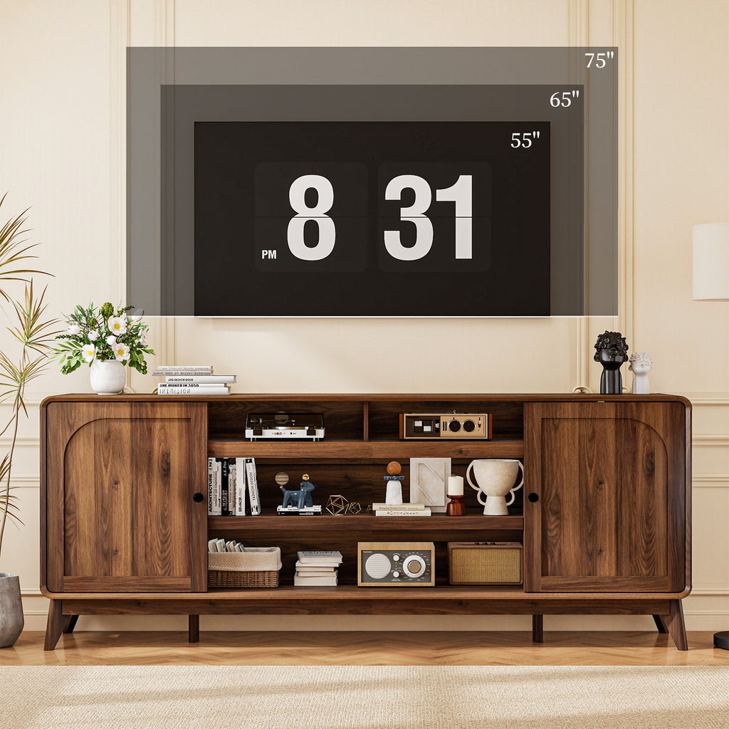 FIAKOA 70 inch Farmhouse TV Stand for 75 inch TV, Mid Century Entertainment Center with Movable Door & Fireplace Insert Ready, Modern Media Console Table for Living Room, Walnut Brown