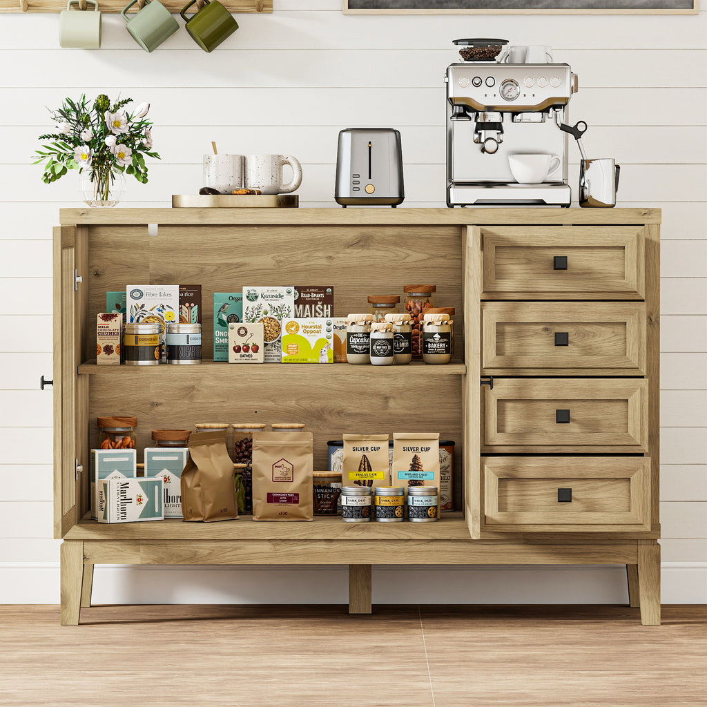 FIAKOA 47" Farmhouse Buffet Cabinet with Storage, Nature Sideboard Cabinet with Grille-Striped Doors & Adjustable Shelf, Kitchen Coffee Bar Credenza for Dining Room