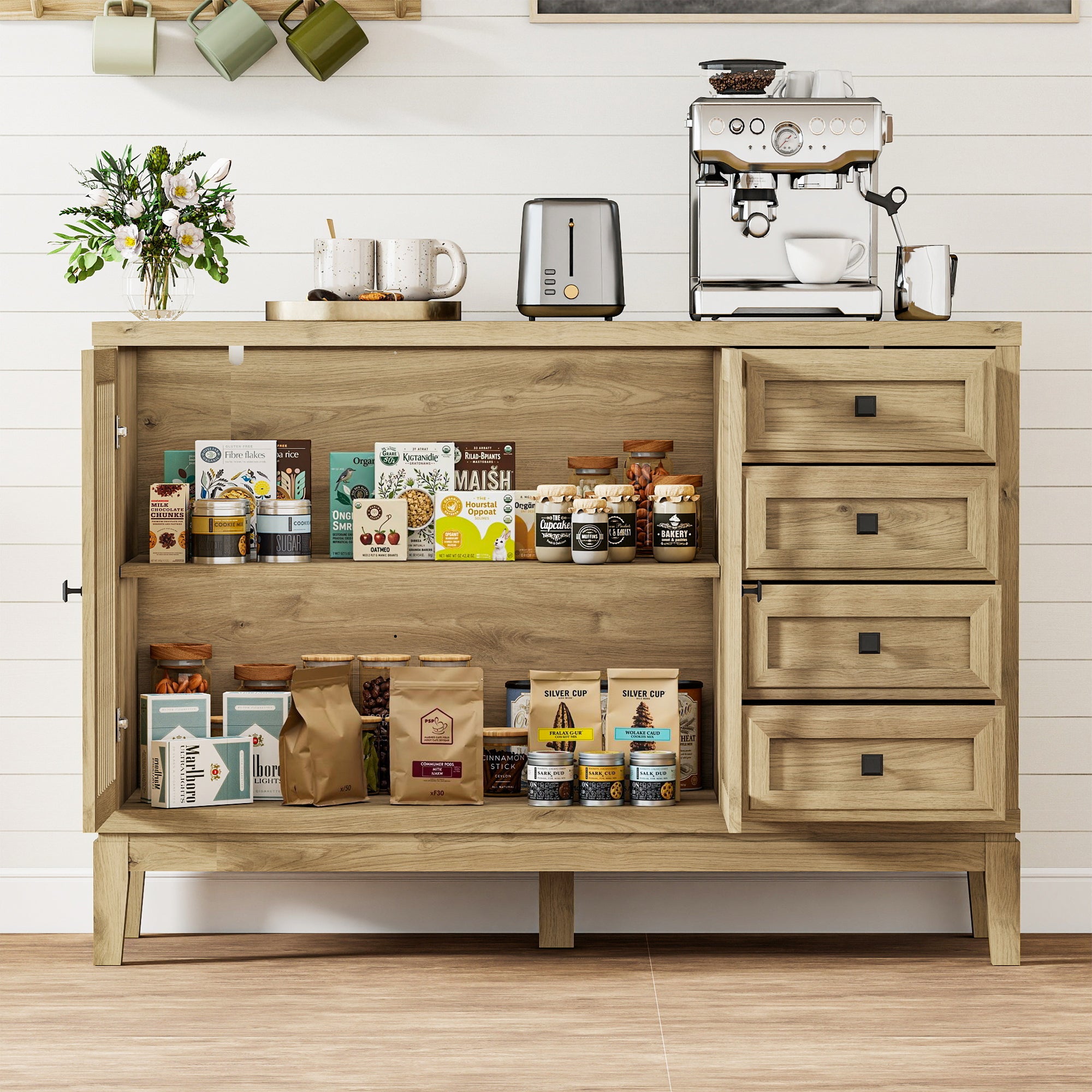 FIAKOA 47" Farmhouse Buffet Cabinet with Storage, Nature Sideboard Cabinet with Grille-Striped Doors & Adjustable Shelf, Kitchen Coffee Bar Credenza for Dining Room