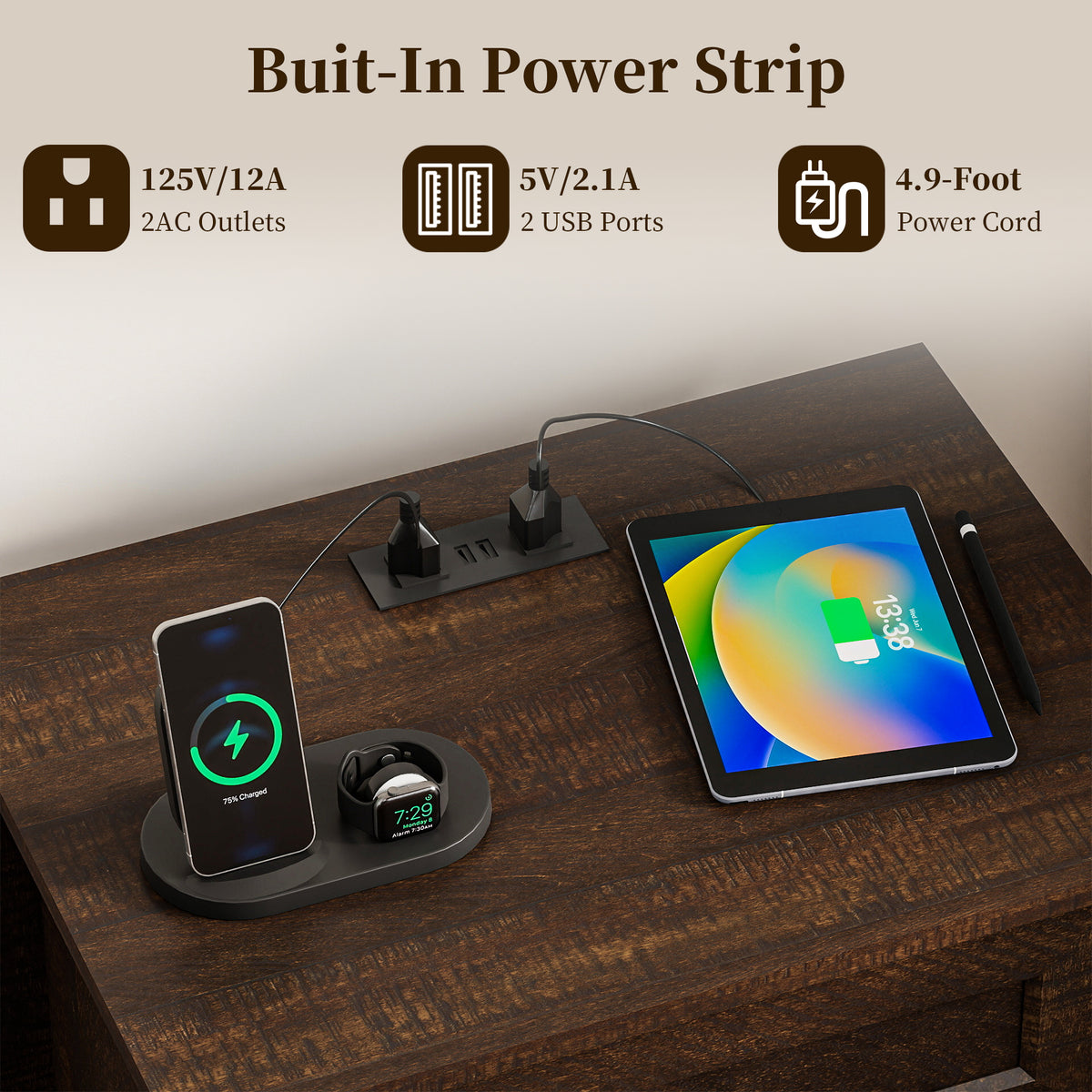 Goealvce 3 Drawer Nightstands for Bedroom Set of 2 , Farmhouse Night Stand with Charging Station, wood Rustic Bedside Table Night Stands for Bedroom, Living Room, Nursery, Walnut Brown