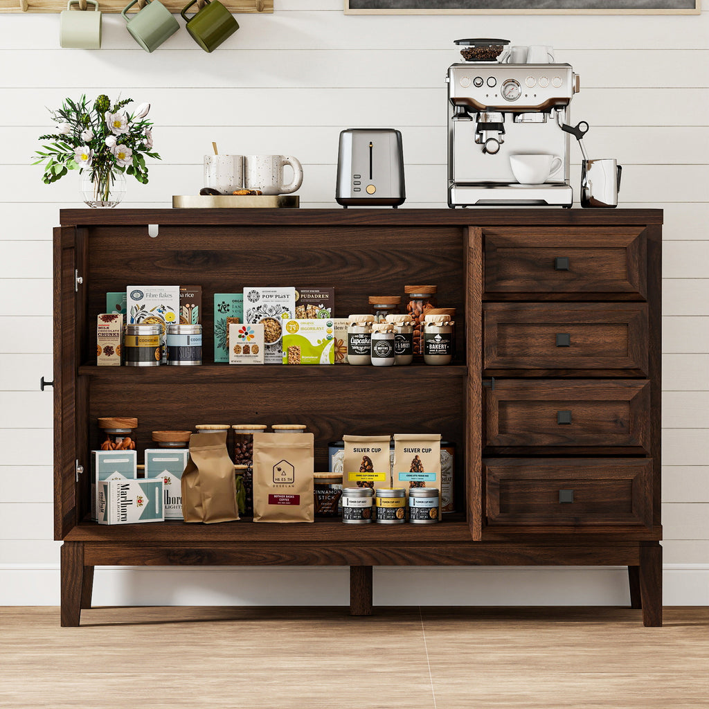 FIAKOA 47" Farmhouse Buffet Cabinet with Storage, Walnut Brown Sideboard Cabinet with Grille-Striped Doors & Adjustable Shelf, Kitchen Coffee Bar Credenza for Dining Room