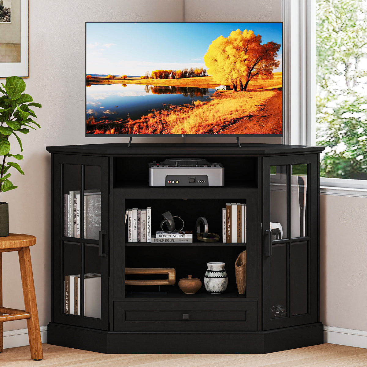 FIAKOA Farmhouse Corner TV Stand for 50 inch TV, Mid Century Entertainment Center with Glass Door, Modern Media Console Table for Living Room, Black