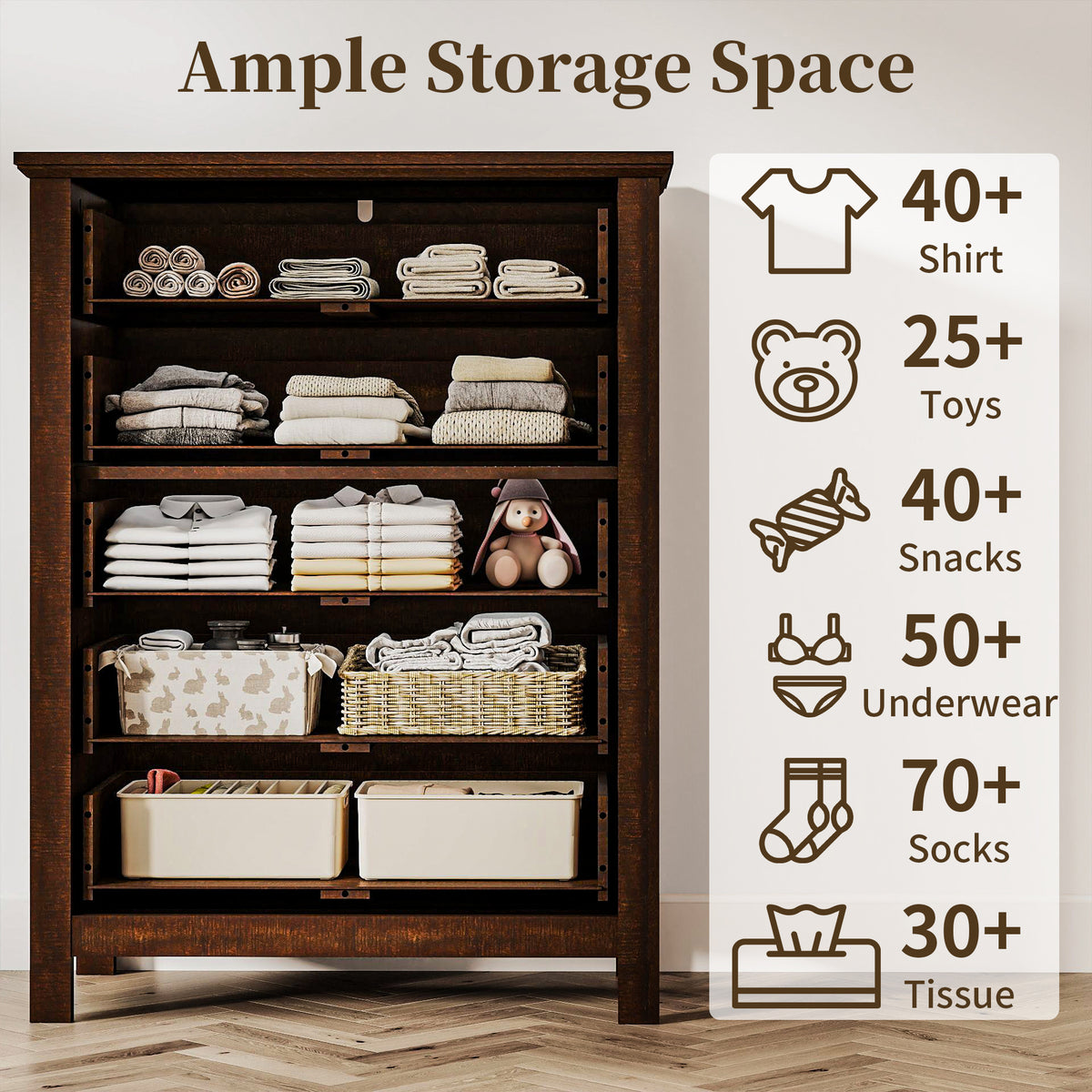 Goealvce 5 Drawer Dresser for Bedroom, Retro Wood Storage Cabinet with Bronze Handles, Vintage Chest of Drawers with Large Storage Space for Living Room, Hallway, Entryway, Guest Room, Walnut Brown
