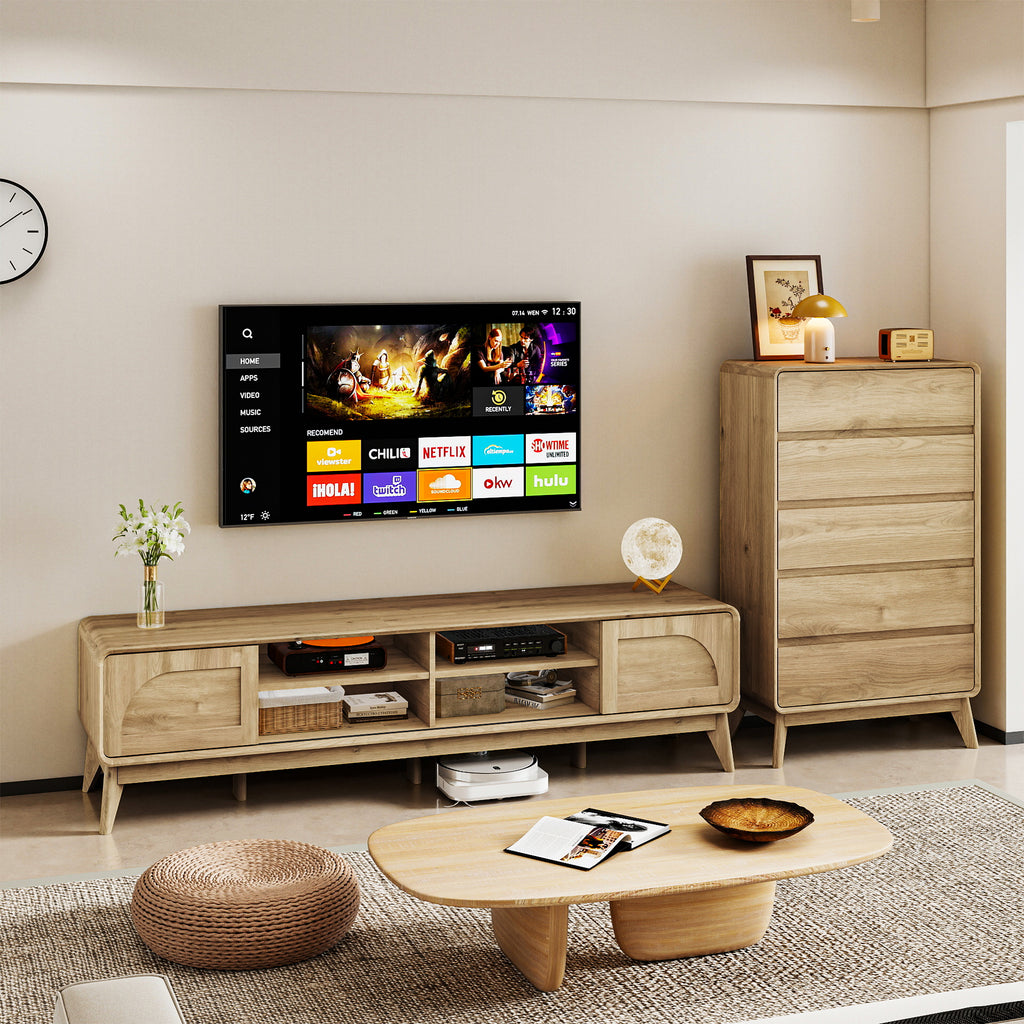 FIAKOA 70 inch Farmhouse TV Stand for 75 inch TV, Mid Century Entertainment Center with Movable Door & Adjustable Shelf, Modern Media Console Table for Living Room, Nature