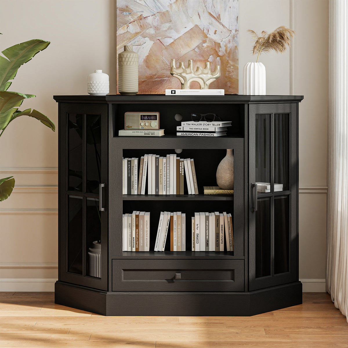 FIAKOA Farmhouse Corner TV Stand for 50 inch TV, Mid Century Entertainment Center with Glass Door, Modern Media Console Table for Living Room, Black