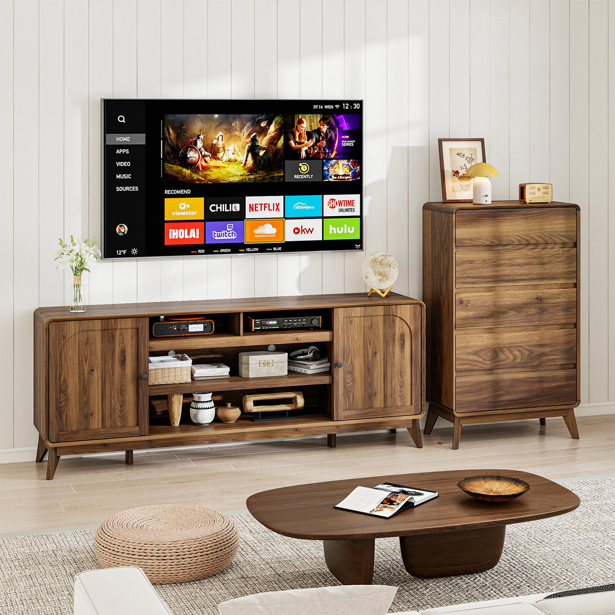 FIAKOA 70 inch Farmhouse TV Stand for 75 inch TV, Mid Century Entertainment Center with Movable Door & Fireplace Insert Ready, Modern Media Console Table for Living Room, Walnut Brown