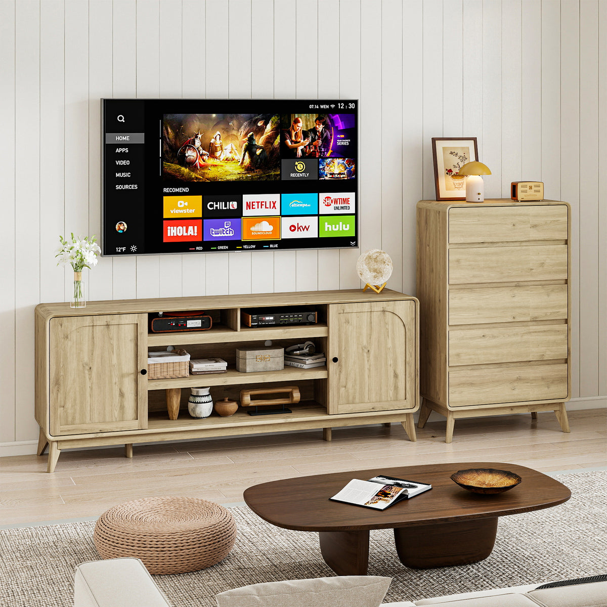 FIAKOA 70 inch Farmhouse TV Stand for 75 inch TV, Mid Century Entertainment Center with Movable Door & Fireplace Insert Ready, Modern Media Console Table for Living Room, Nature