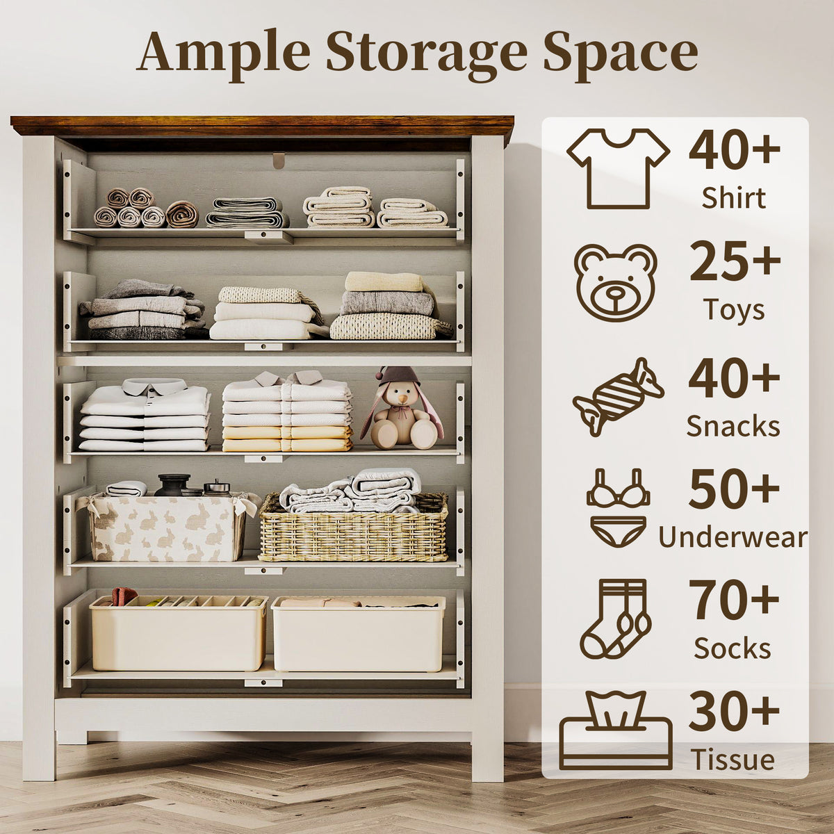 Goealvce 5 Drawer Dresser for Bedroom, Retro Wood Storage Cabinet with Bronze Handles, Vintage Chest of Drawers with Large Storage Space for Living Room, Hallway, Entryway, Guest Room, White