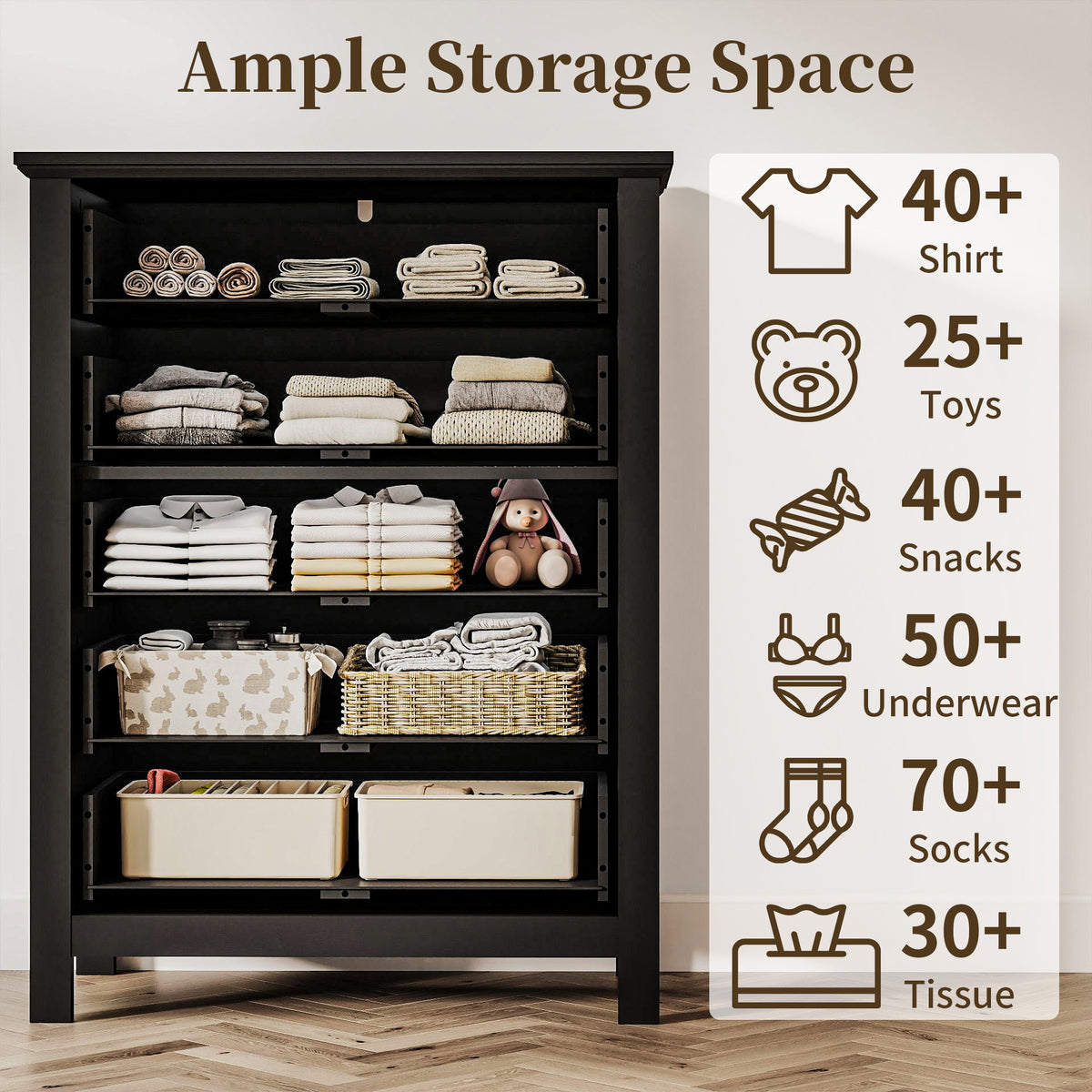 Goealvce 5 Drawer Dresser for Bedroom, Retro Wood Storage Cabinet with Bronze Handles, Vintage Chest of Drawers with Large Storage Space for Living Room, Hallway, Entryway, Guest Room, Black
