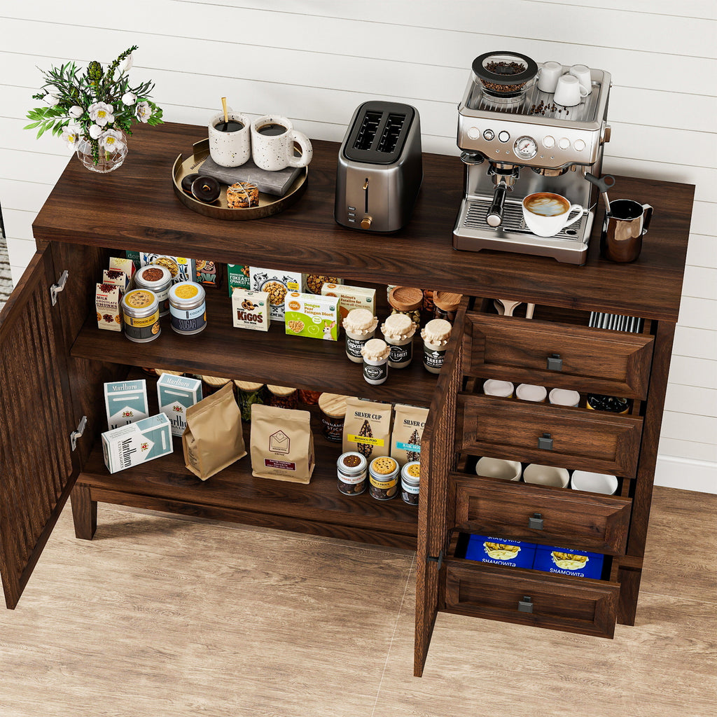 FIAKOA 47" Farmhouse Buffet Cabinet with Storage, Walnut Brown Sideboard Cabinet with Grille-Striped Doors & Adjustable Shelf, Kitchen Coffee Bar Credenza for Dining Room