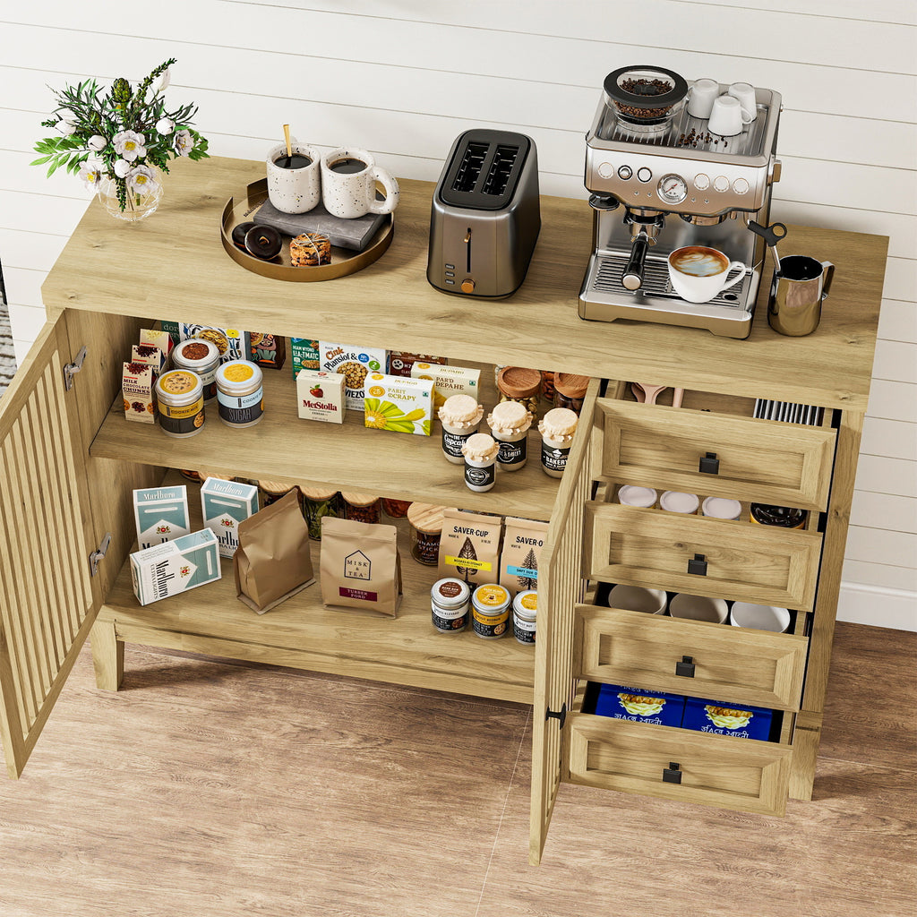 FIAKOA 47" Farmhouse Buffet Cabinet with Storage, Nature Sideboard Cabinet with Grille-Striped Doors & Adjustable Shelf, Kitchen Coffee Bar Credenza for Dining Room