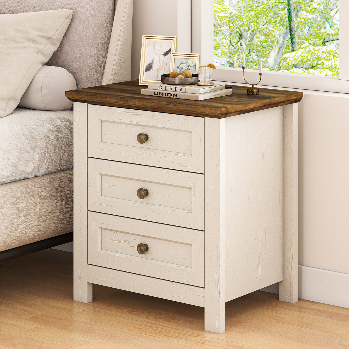 Goealvce 3 Drawer Nightstands for Bedroom Set of 2 , Farmhouse White Night Stand with Charging Station, wood Rustic Bedside Table Night Stands for Bedroom, Living Room, Nursery, Dorm