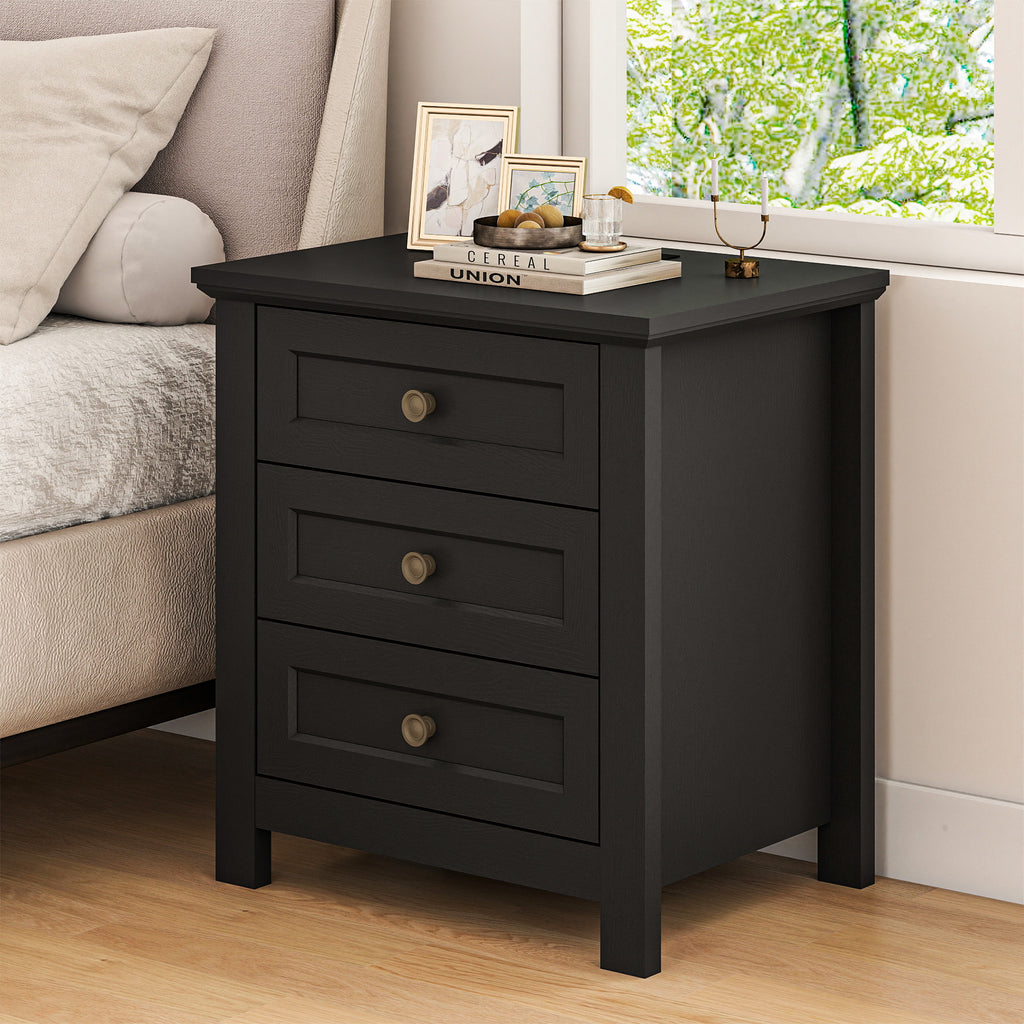 Goealvce 3 Drawer Nightstands for Bedroom Set of 2 , Farmhouse Night Stand with Charging Station, wood Rustic Bedside Table Night Stands for Bedroom, Living Room, Black
