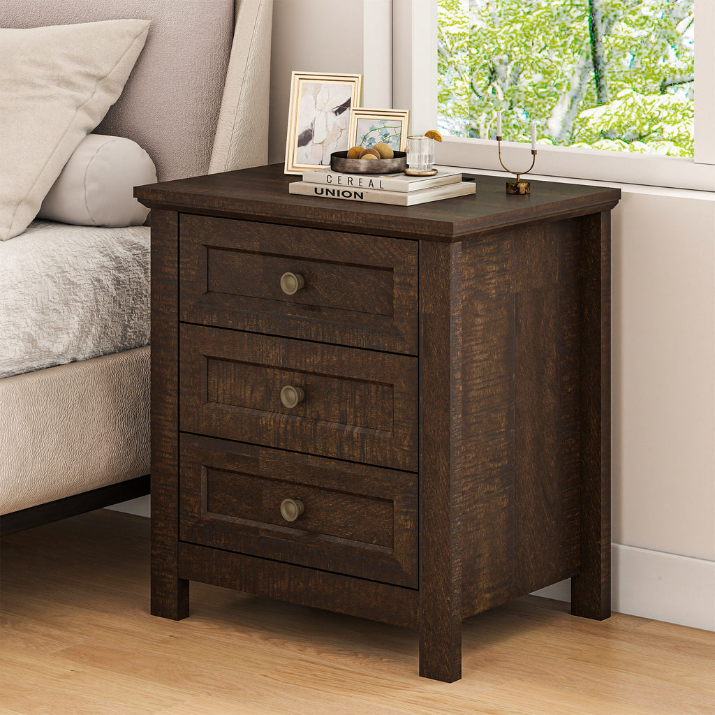 Goealvce 3 Drawer Nightstands for Bedroom Set of 2 , Farmhouse Night Stand with Charging Station, wood Rustic Bedside Table Night Stands for Bedroom, Living Room, Nursery, Walnut Brown
