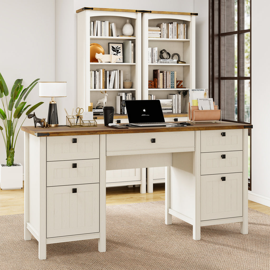 FIAKOA 62"Executive Desk, Modern Farmhouse Computer Desk with Drawers & Cabinet, White Home Office Writing Workspace Desk for Work Study