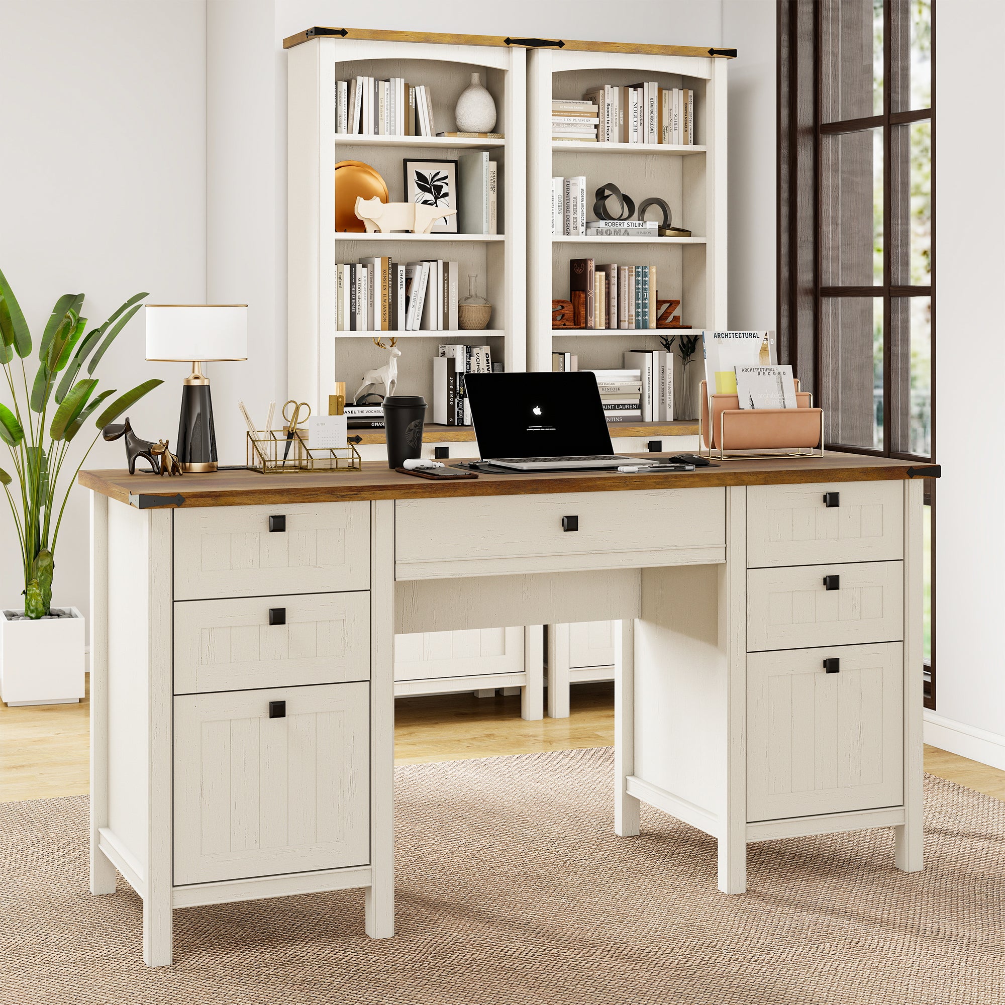 FIAKOA 62"Executive Desk, Modern Farmhouse Computer Desk with Drawers & Cabinet, White Home Office Writing Workspace Desk for Work Study