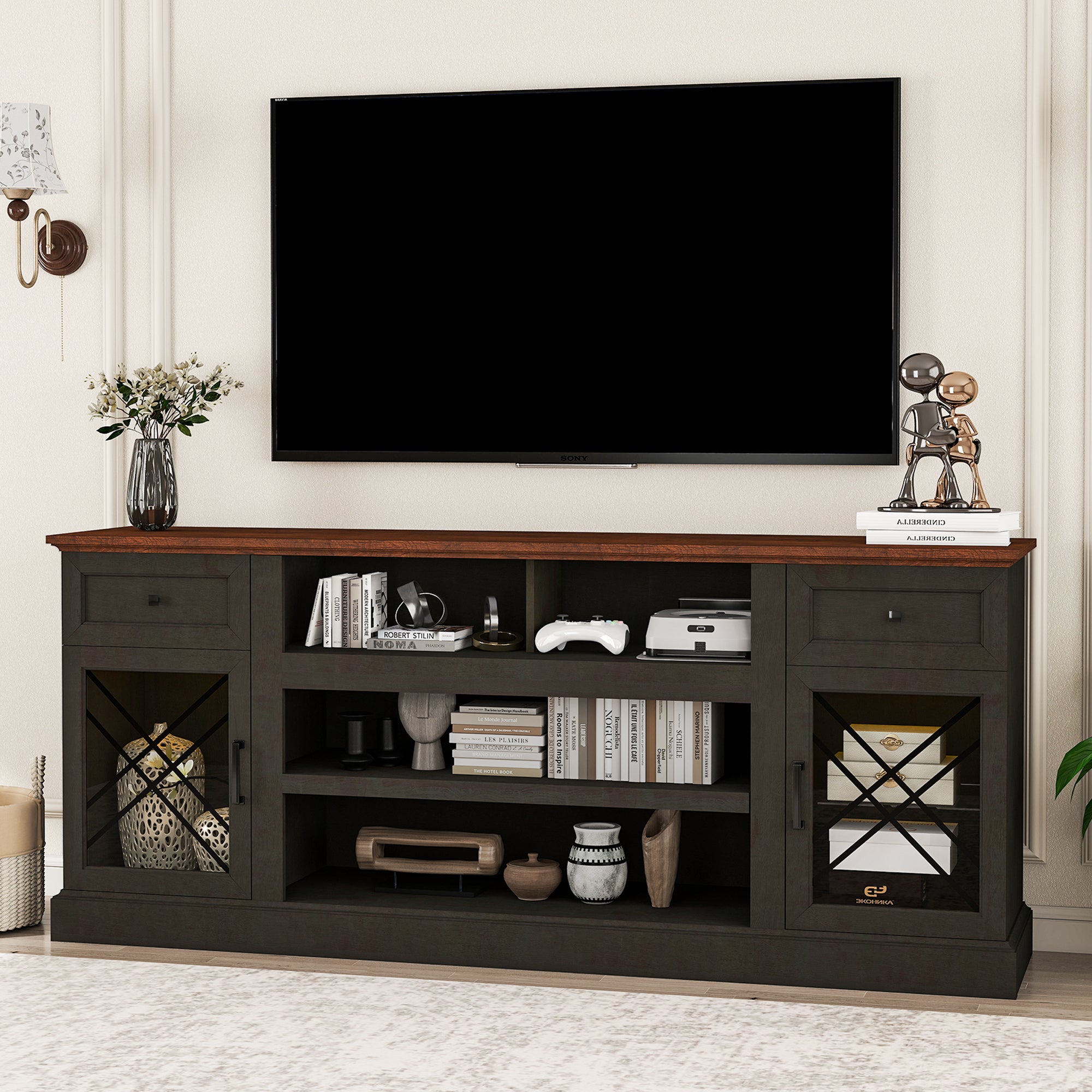FIAKOA 70 inch Farmhouse TV Stand for 80 inch TV, Modern Entertainment Center with LED Lights, Wooden TV Stand Table with Glass Doors for Living Room (Dark Grey)