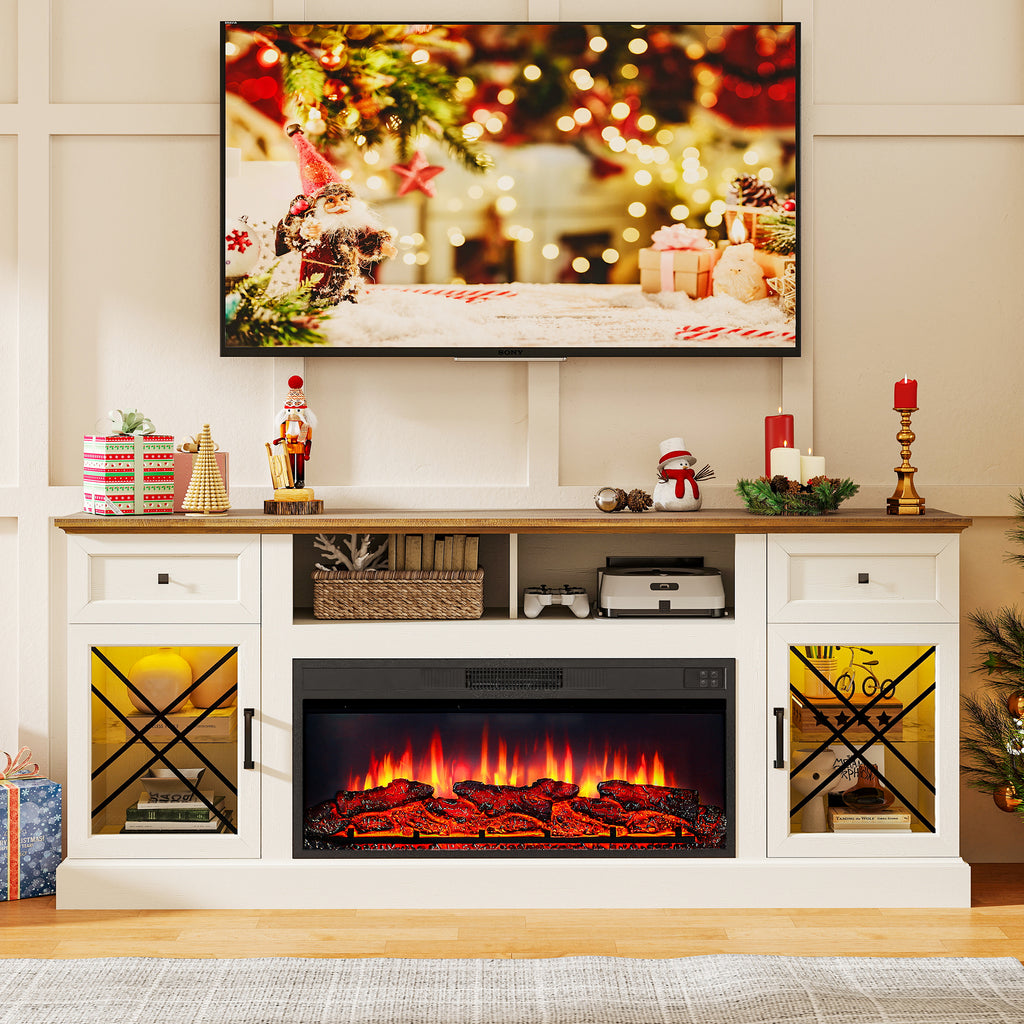 FIAKOA 70” Fireplace TV Stand for 80" TVs,Fireplace Entertainment Center with LED Lights,TV Console with 34" Electric Fireplace for Living Room,White