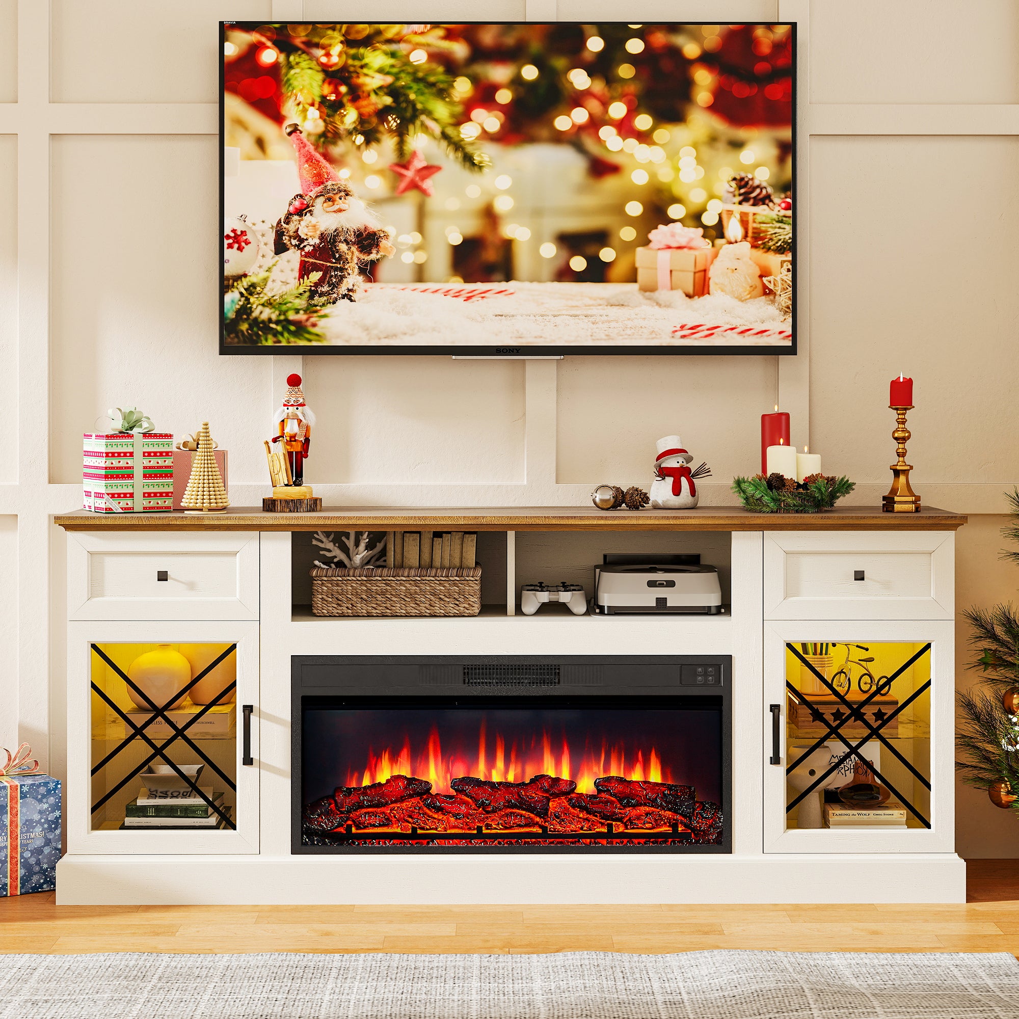 FIAKOA 70” Fireplace TV Stand for 80" TVs,Fireplace Entertainment Center with LED Lights,TV Console with 34" Electric Fireplace for Living Room,White