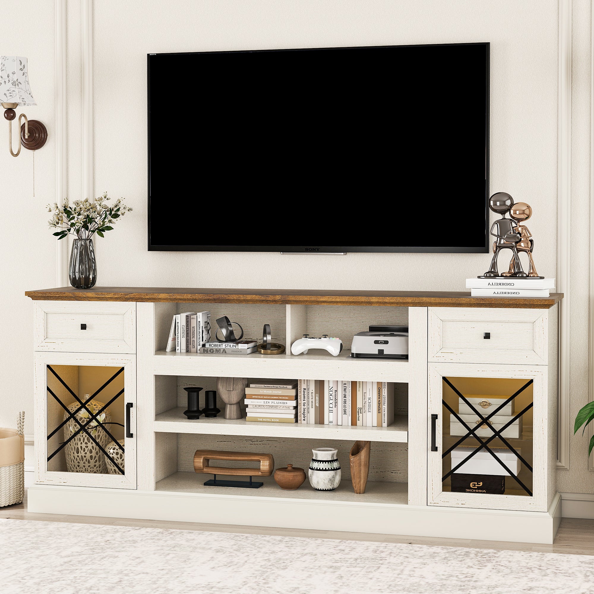 FIAKOA 70 inch Farmhouse TV Stand Table for 75 80 inch TV, Modern Entertainment Center with LED Lights and Glass Doors, Wooden White TV Stands for Living Room