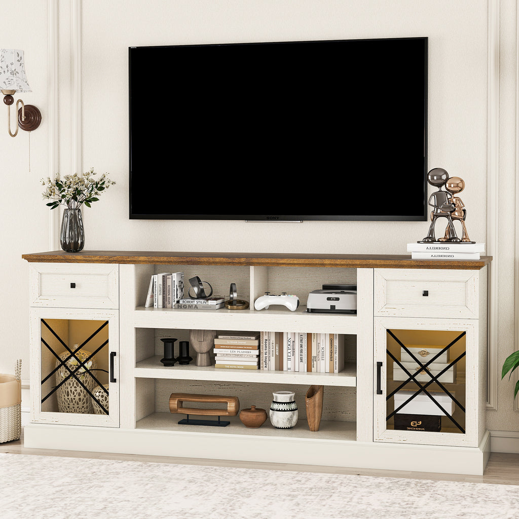 FIAKOA 70 inch Farmhouse TV Stand for 75 inch TV, White Entertainment Center with LED Lights & Power Outlet, Modern Media Console Table for Living Room