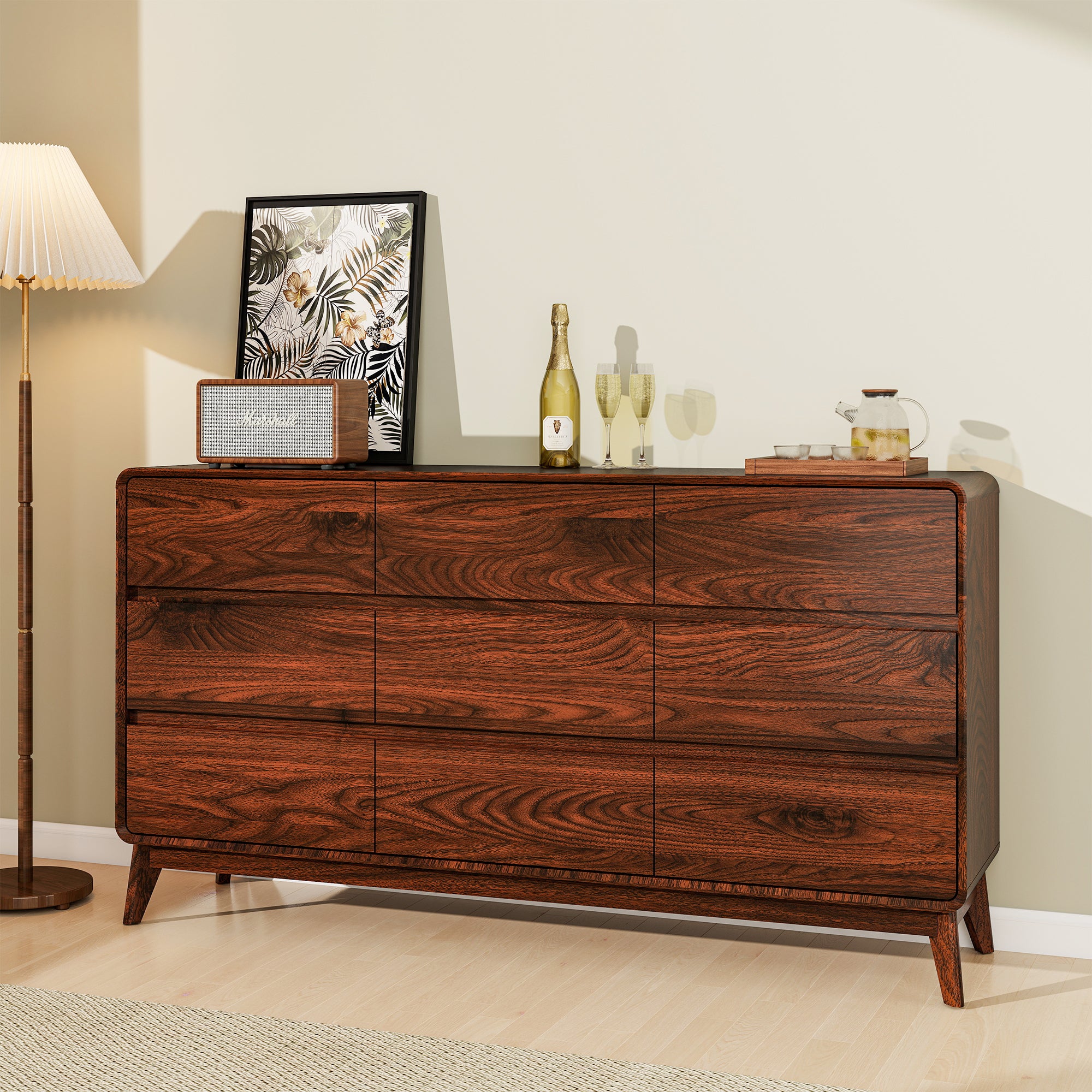 FIAKOA 9 Drawer Dresser for Bedroom, 63” W. Wood Farmhouse Tall Storage Chest of Drawers for Livingroom, Walnut Brown
