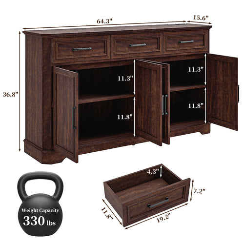 FIAKOA 64" Farmhouse Buffet Cabinet with Charging Station, Modern Sideboard Cabinet with Wood Doors & 2 Drawers, Kitchen Coffee Bar Credenza for Dining Room, Walnut Brown