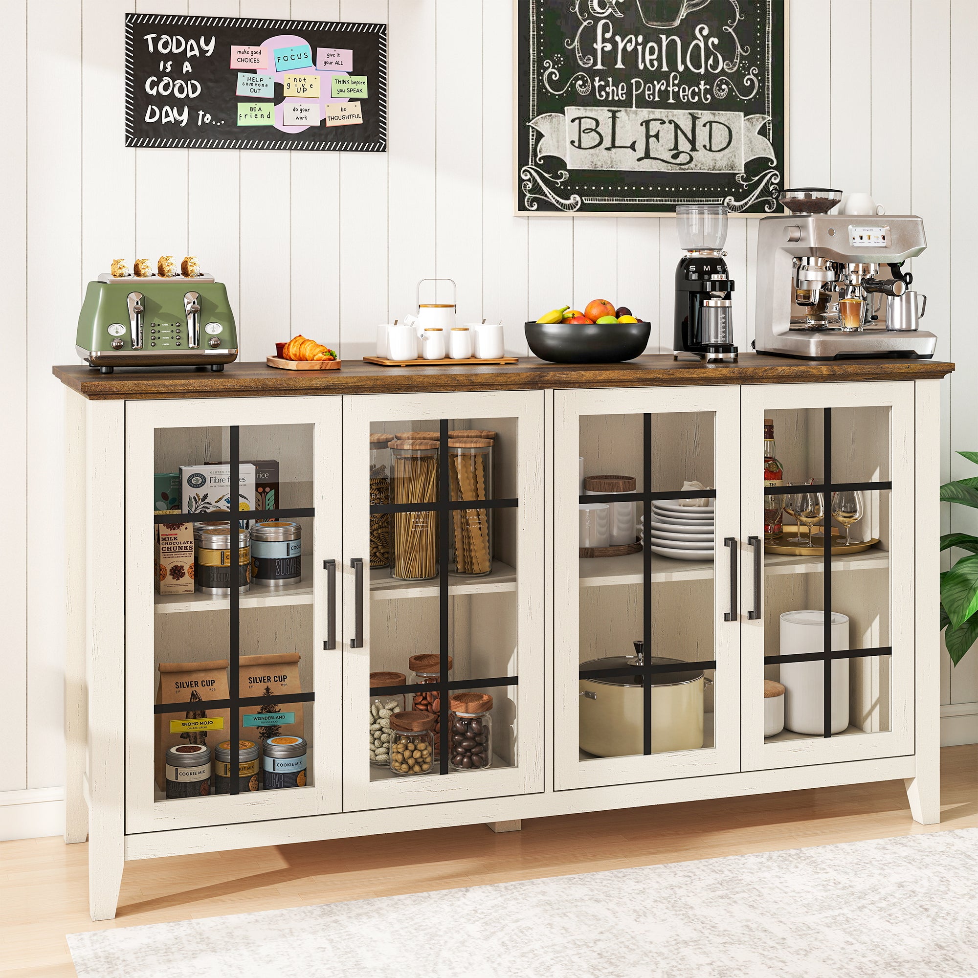 FIAKOA 63" Farmhouse Buffet Cabinet with Storage, Large White Sideboard Cabinet with Glass Doors, Kitchen Coffee Bar Cabinet for Dining Room