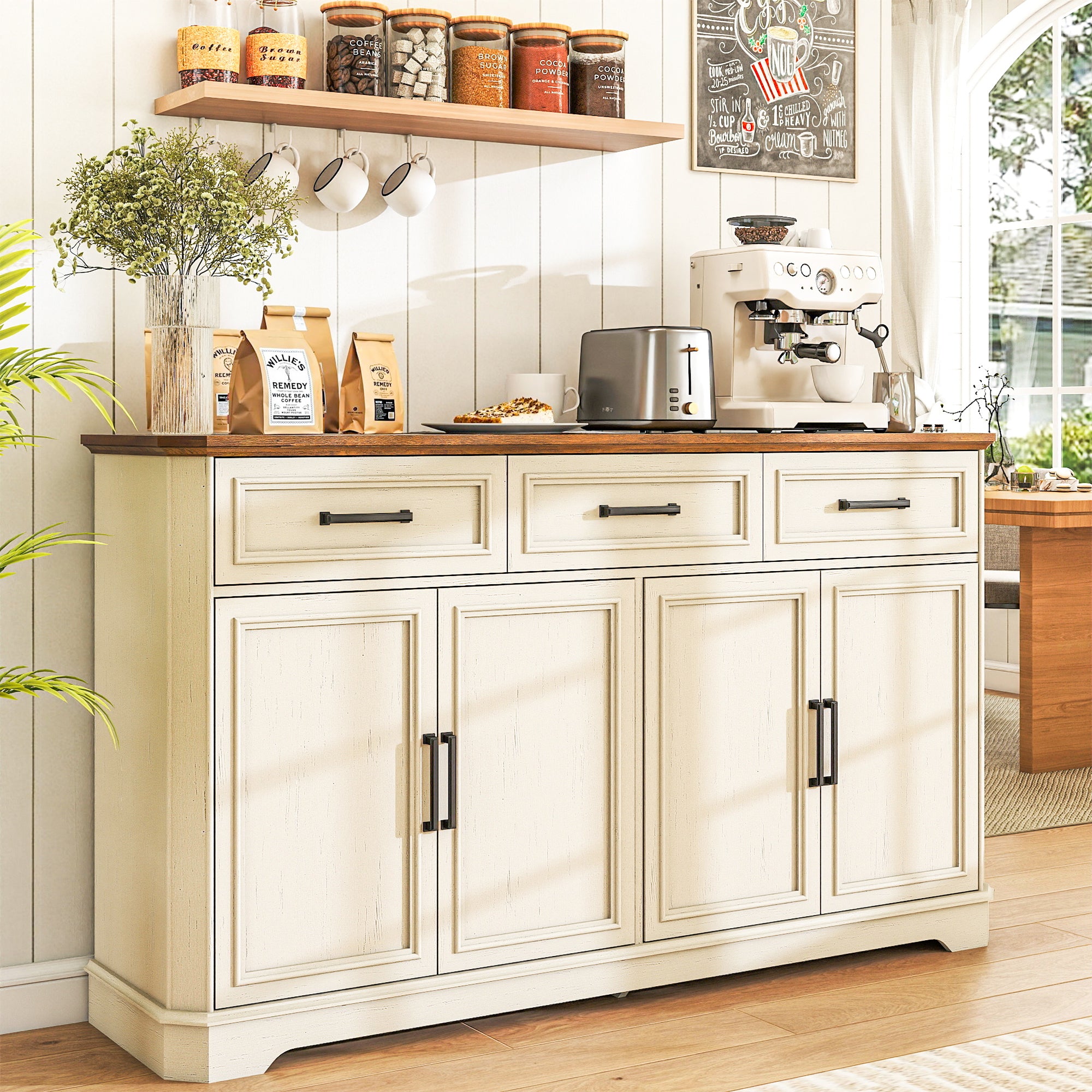 FIAKOA 64" Farmhouse Buffet Cabinet with Charging Station, White Sideboard Cabinet with Wood Doors & 2 Drawers, Kitchen Coffee Bar Credenza for Dining Room