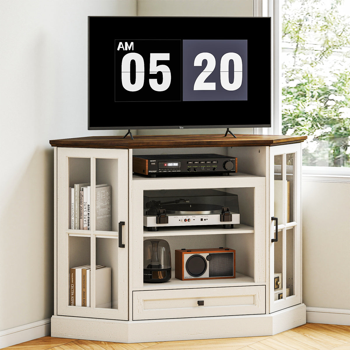 FIAKOA Farmhouse Corner TV Stand for 50 inch TV, Mid Century Entertainment Center with Glass Door, Modern Media Console Table for Living Room, White