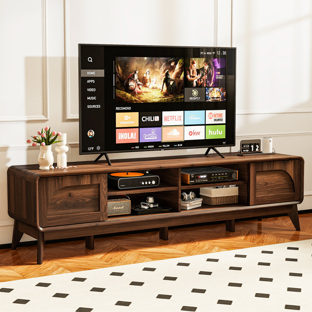 FIAKOA 70 inch Farmhouse TV Stand for 75 inch TV, Mid Century Entertainment Center with Movable Door & Adjustable Shelf, Modern Media Console Table for Living Room, Walnut Brown