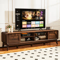 FIAKOA 70 inch Farmhouse TV Stand for 75 inch TV, Mid Century Entertainment Center with Movable Door & Adjustable Shelf, Modern Media Console Table for Living Room, Walnut Brown