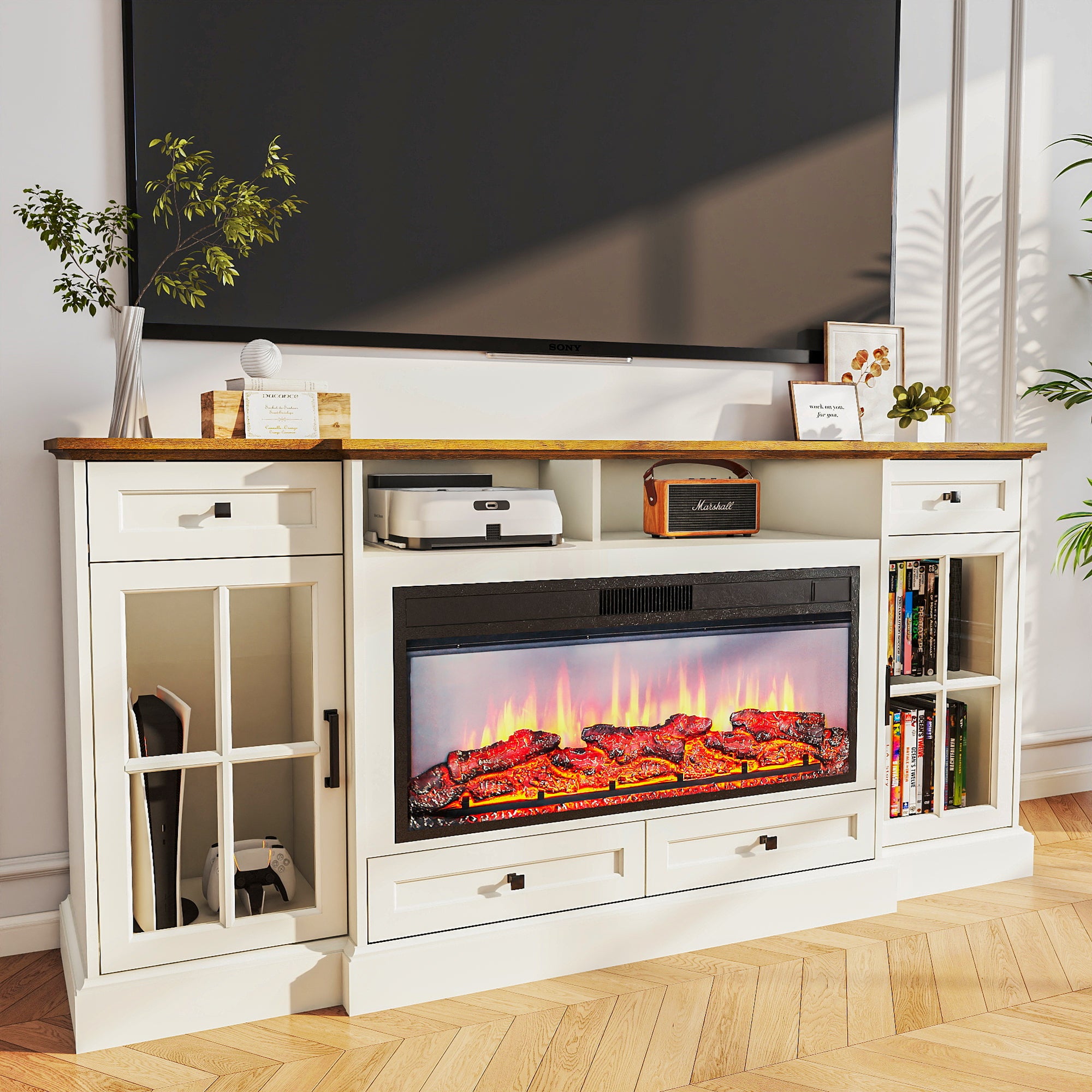 FIAKOA 70” electric Fireplace TV Stand for 75" TVs, Fireplace Entertainment Center with LED Lights,White TV Stand with 34" Fireplace for Living Room