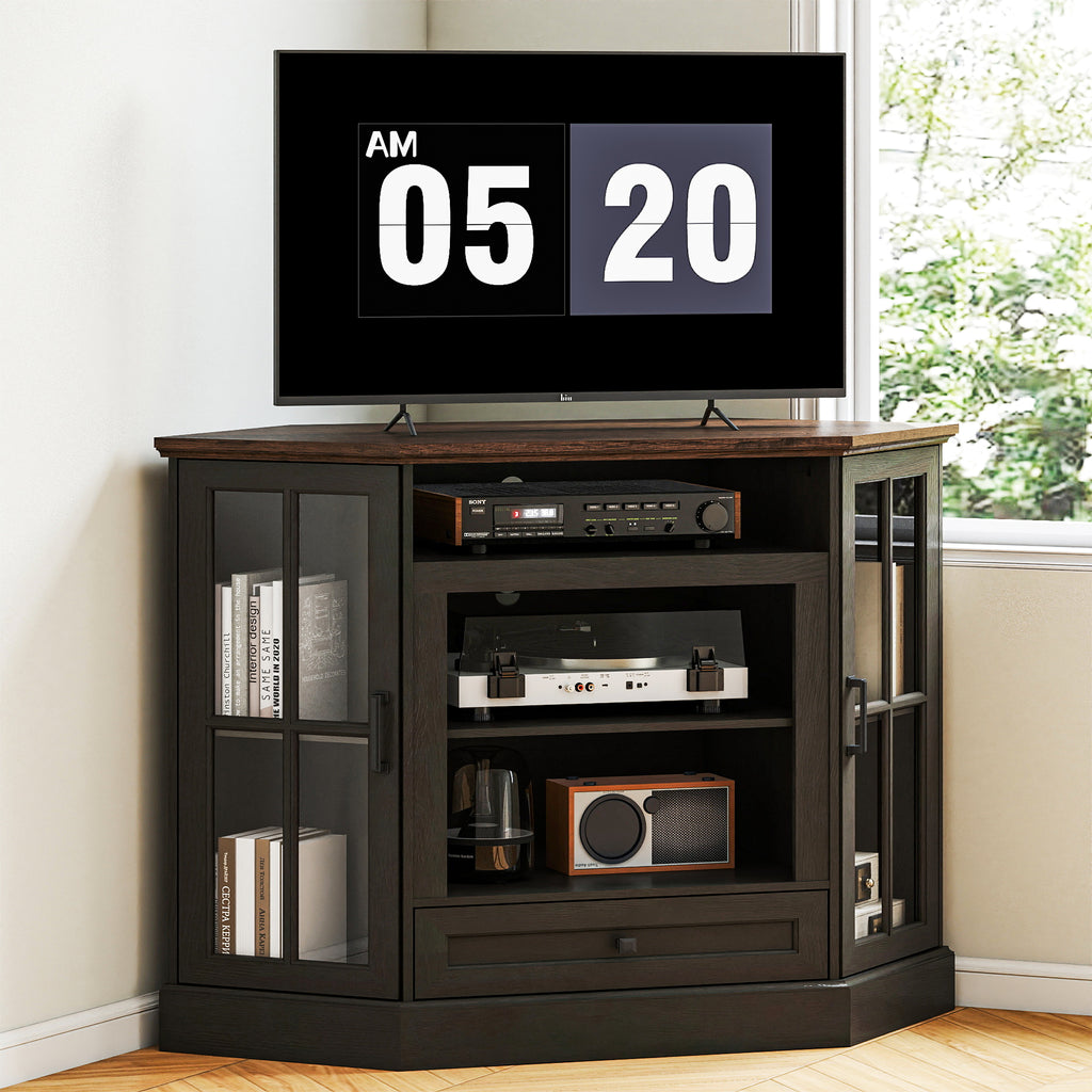 FIAKOA Farmhouse Corner TV Stand for 50 inch TV, Mid Century Entertainment Center with Glass Door, Modern Media Console Table for Living Room, White