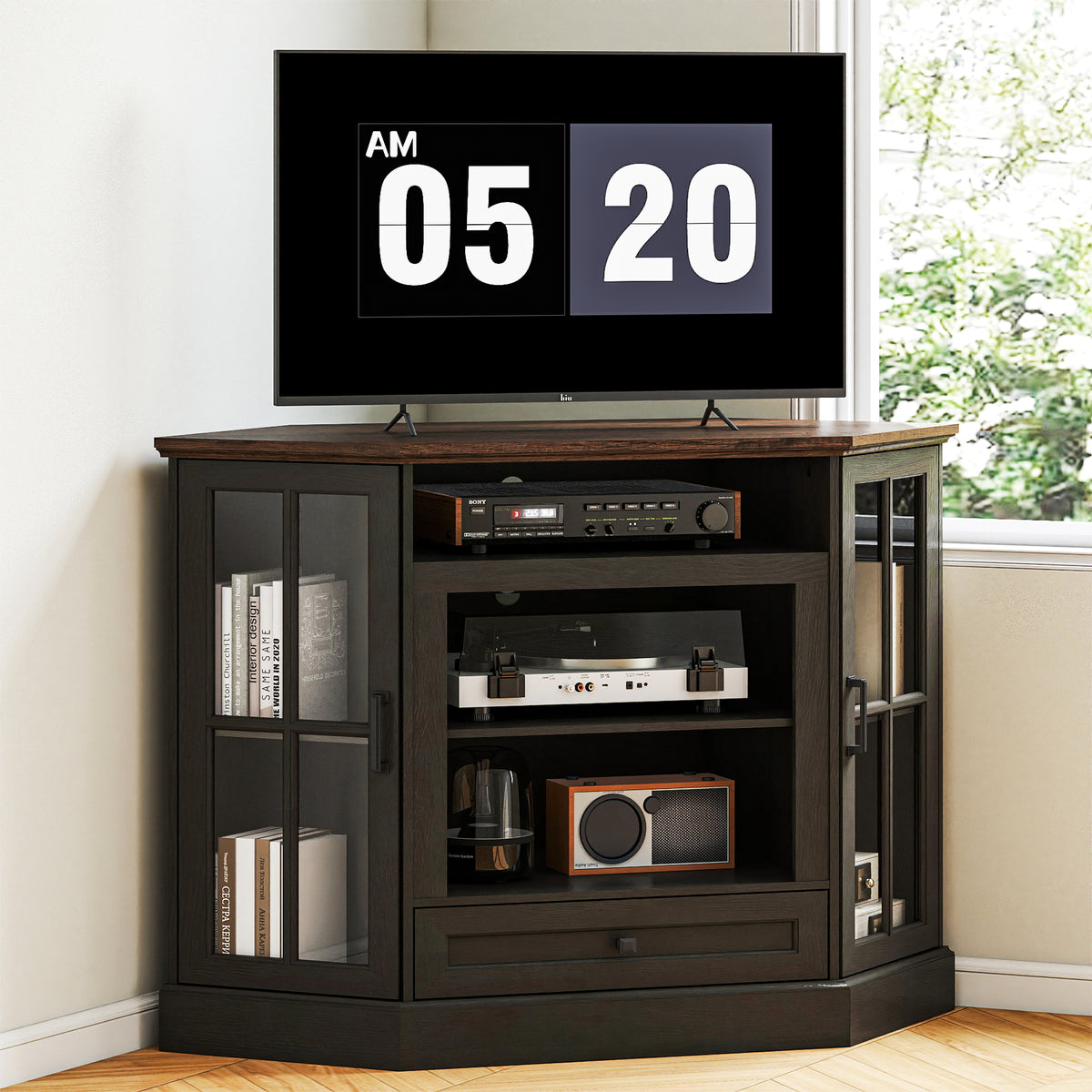FIAKOA Farmhouse Corner TV Stand for 50 inch TV, Mid Century Entertainment Center with Glass Door, Modern Media Console Table for Living Room, White