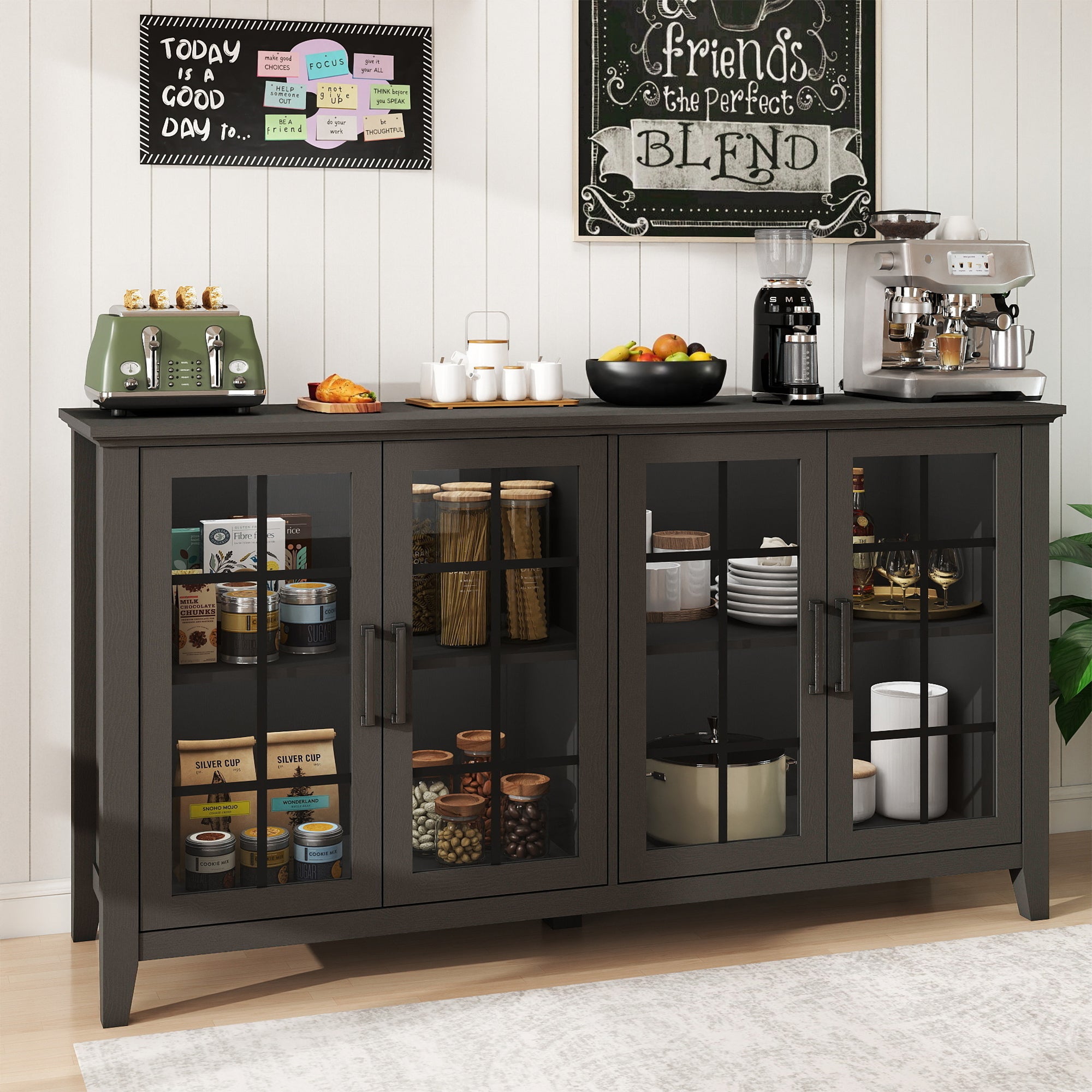 FIAKOA 63" Farmhouse Buffet Cabinet with Storage, Large Wood Sideboard Cabinet with Glass Doors, Kitchen Coffee Bar Cabinet for Dining Room, Black