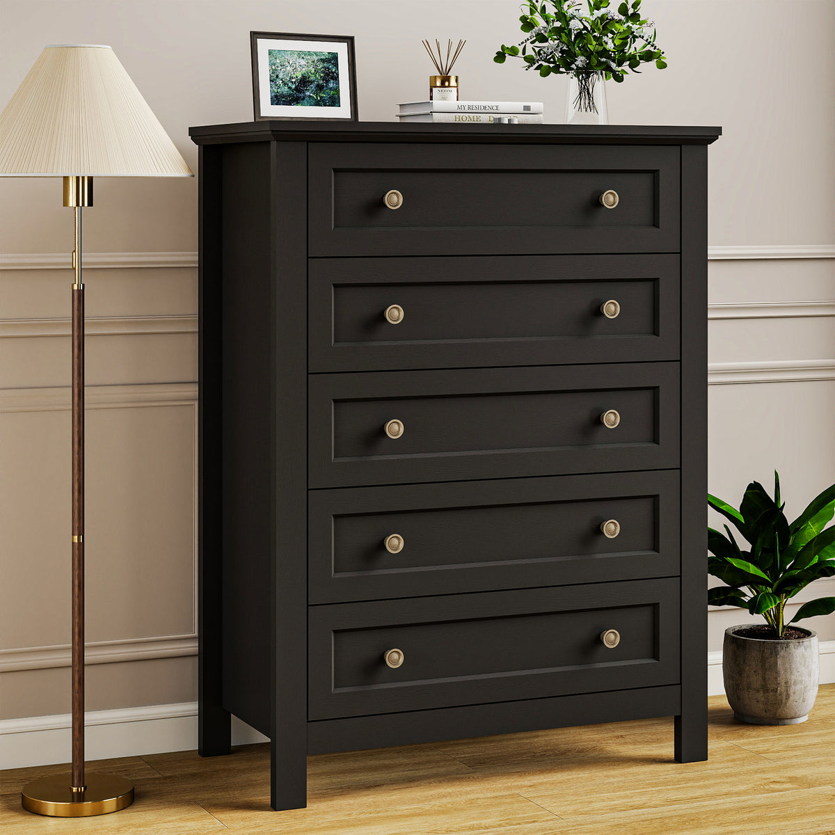 Goealvce 5 Drawer Dresser for Bedroom, Retro Wood Storage Cabinet with Bronze Handles, Vintage Chest of Drawers with Large Storage Space for Living Room, Hallway, Entryway, Guest Room, Black