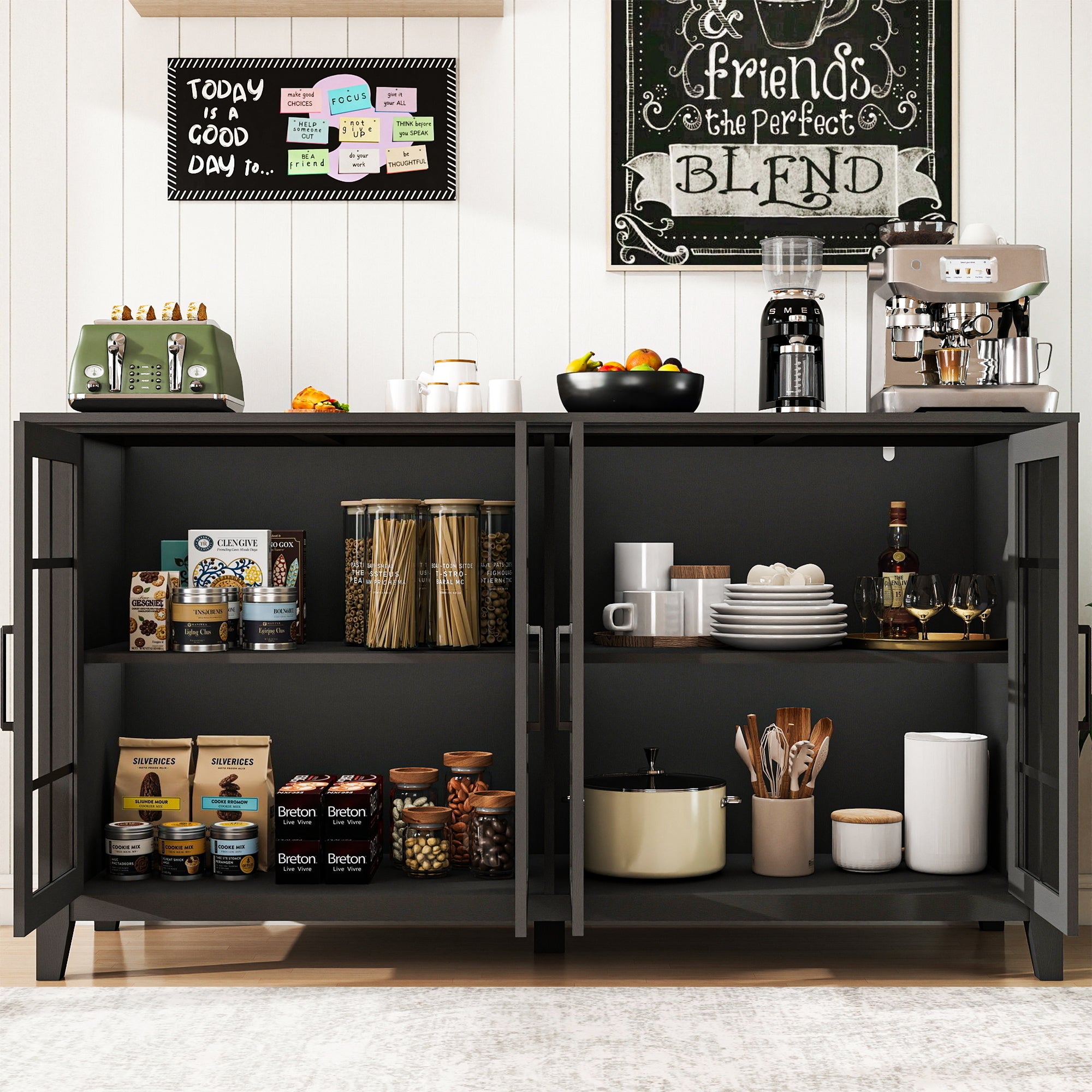 FIAKOA 63" Farmhouse Buffet Cabinet with Storage, Large Wood Sideboard Cabinet with Glass Doors, Kitchen Coffee Bar Cabinet for Dining Room, Black