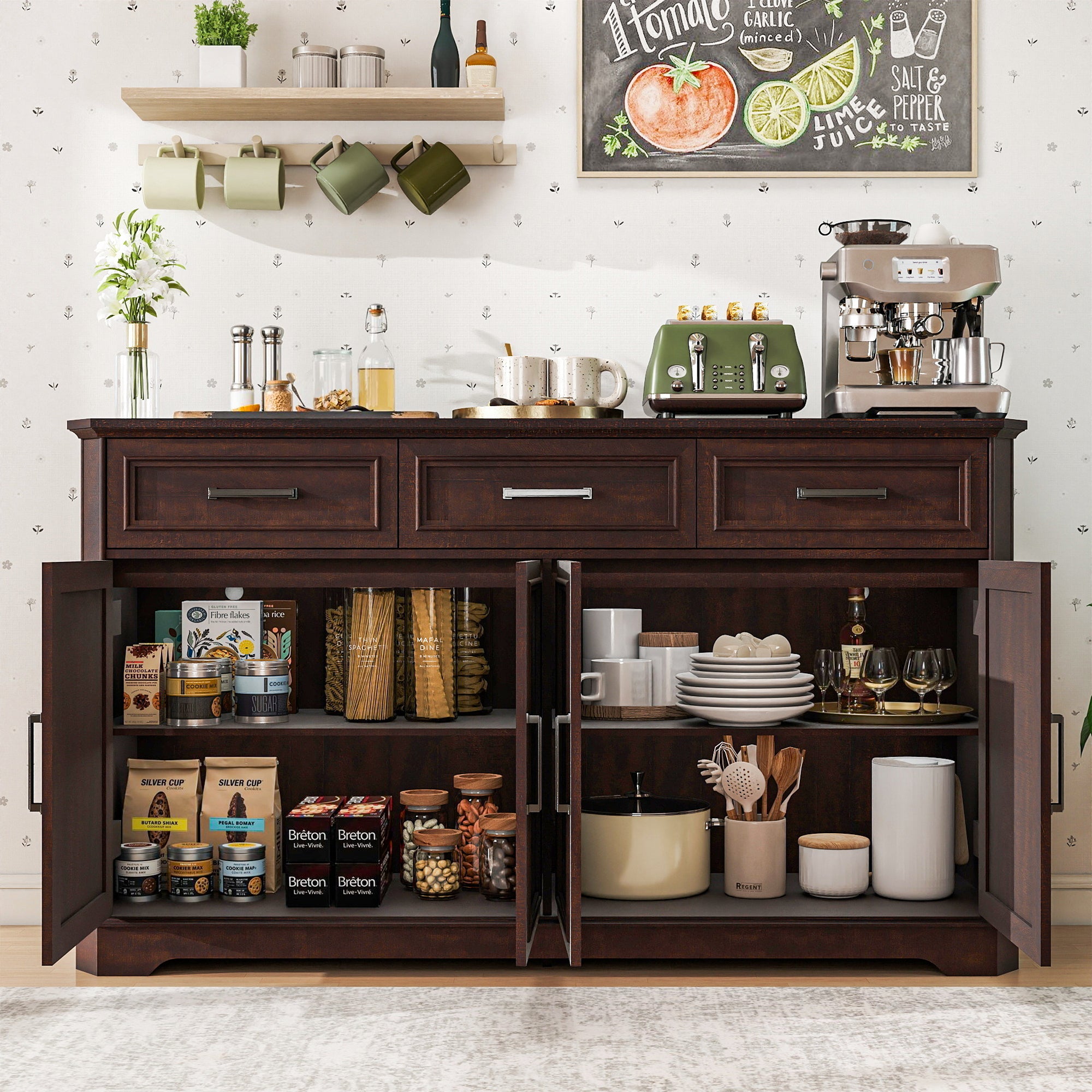FIAKOA 64" Farmhouse Buffet Cabinet with Charging Station, Modern Sideboard Cabinet with Wood Doors & 2 Drawers, Kitchen Coffee Bar Credenza for Dining Room, Walnut Brown