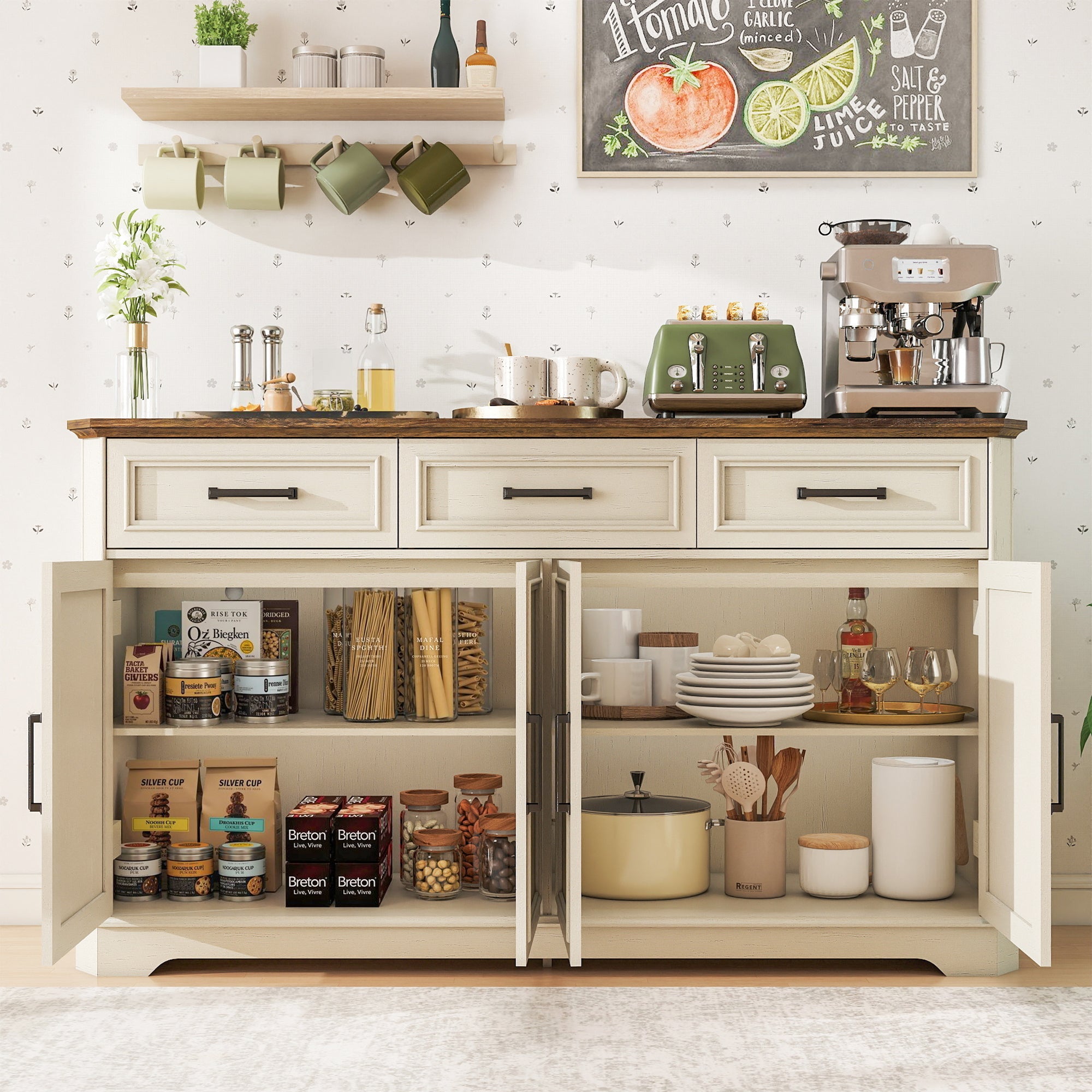 FIAKOA 64" Farmhouse Buffet Cabinet with Charging Station, White Sideboard Cabinet with Wood Doors & 2 Drawers, Kitchen Coffee Bar Credenza for Dining Room