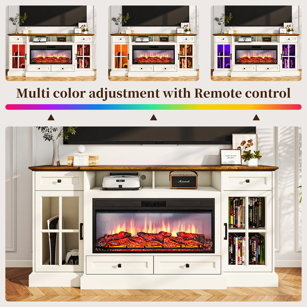FIAKOA 70” electric Fireplace TV Stand for 75" TVs, Fireplace Entertainment Center with LED Lights,White TV Stand with 34" Fireplace for Living Room