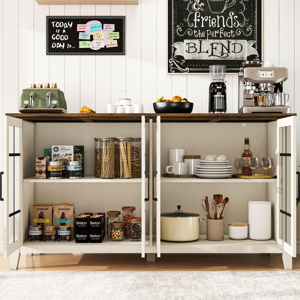 FIAKOA 63" Farmhouse Buffet Cabinet with Storage, Large White Sideboard Cabinet with Glass Doors, Kitchen Coffee Bar Cabinet for Dining Room