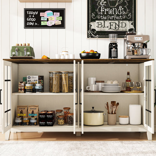 FIAKOA 63" Farmhouse Buffet Cabinet with Storage, Large White Sideboard Cabinet with Glass Doors, Kitchen Coffee Bar Cabinet for Dining Room