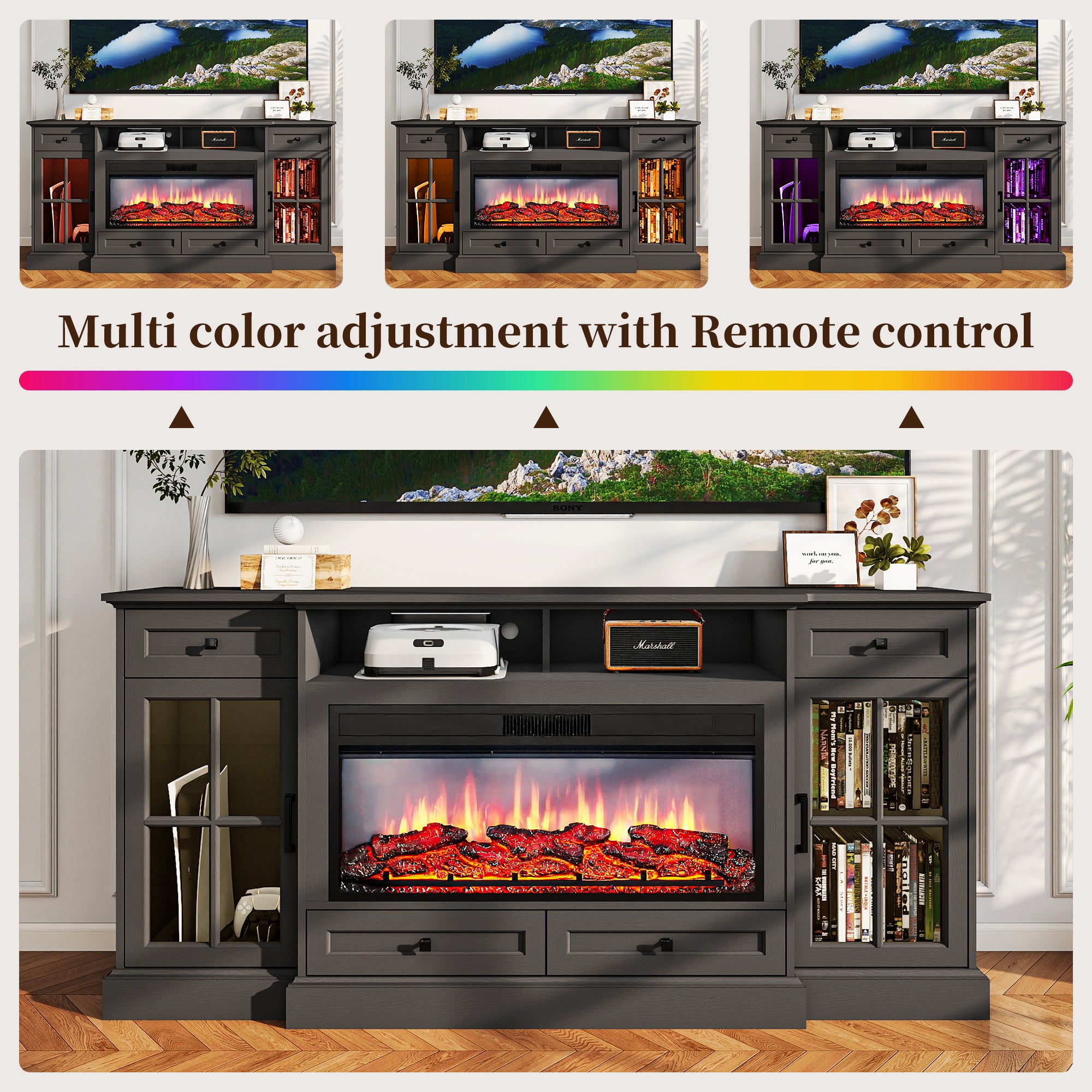 FIAKOA 70” electric Fireplace TV Stand for 75" TVs, Fireplace Entertainment Center with LED Lights, Wood TV Stand with 34" Fireplace for Living Room, Black