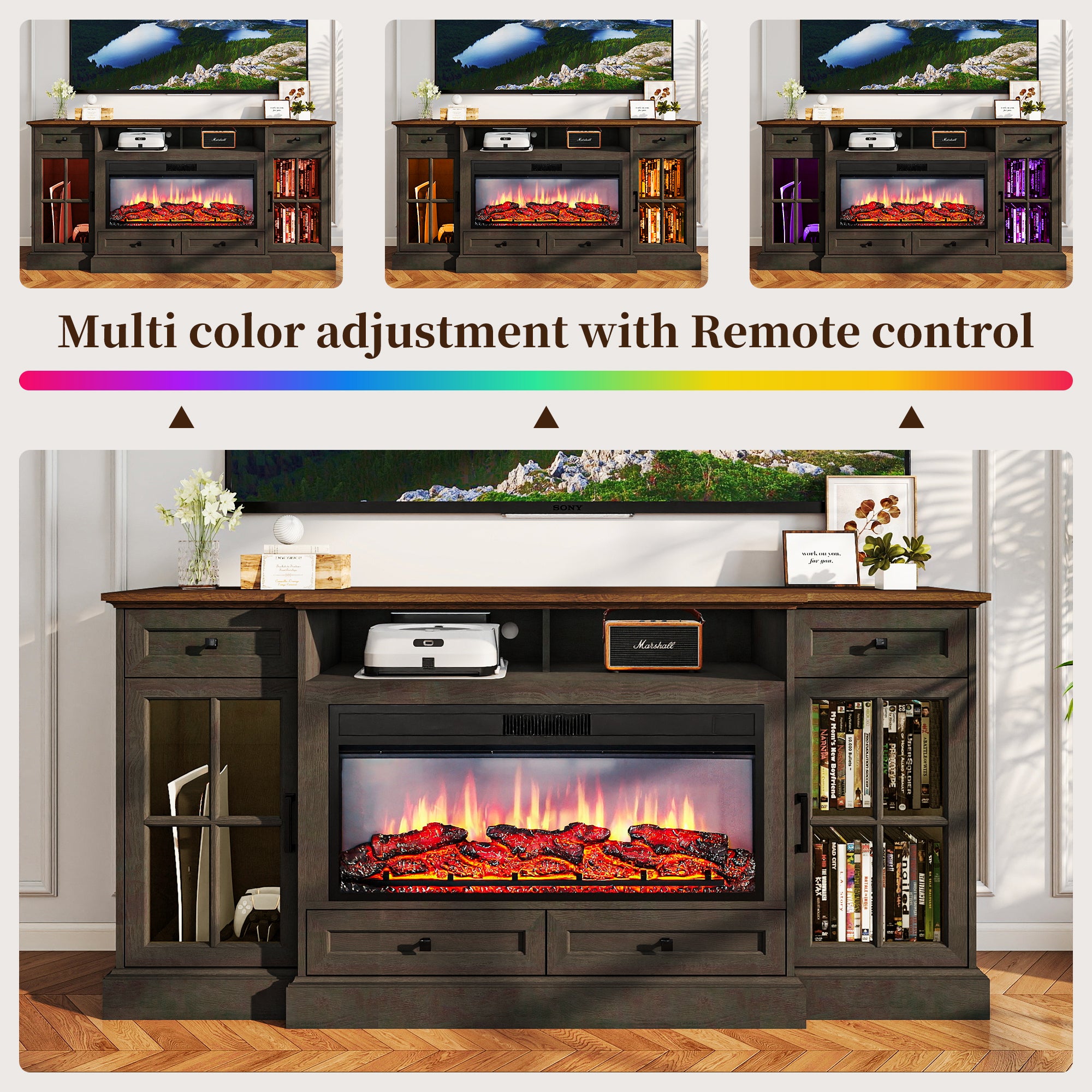 FIAKOA 70” electric Fireplace TV Stand for 75" TVs, Fireplace Entertainment Center with LED Lights,Wood TV Stand with 34" Fireplace for Living Room, Espresso