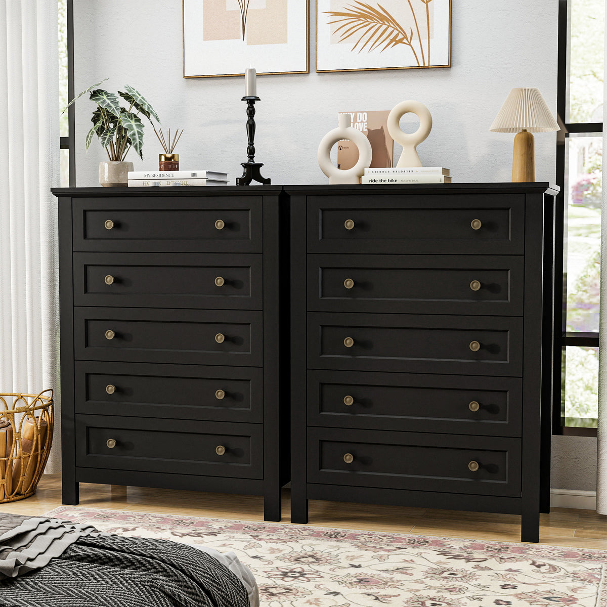 Goealvce 5 Drawer Dresser for Bedroom, Retro Wood Storage Cabinet with Bronze Handles, Vintage Chest of Drawers with Large Storage Space for Living Room, Hallway, Entryway, Guest Room, Black